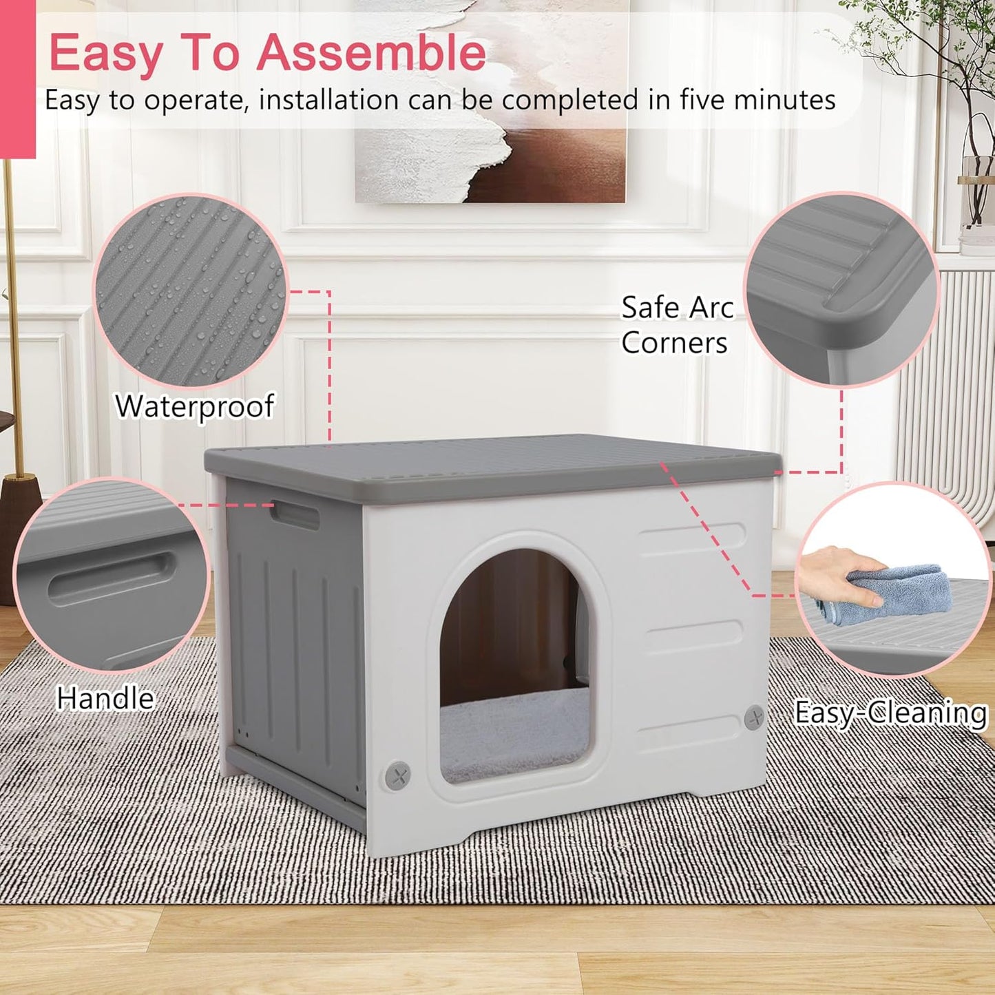 Rockever Plastic Cat House Outdoor with Escape Door, Waterproof Feral Cat House Outdoor Indoor, Sturdy Cat House for Outdoor Cats with Cat Bed Mat, Assemble Easily-Grey - Pet Explorer