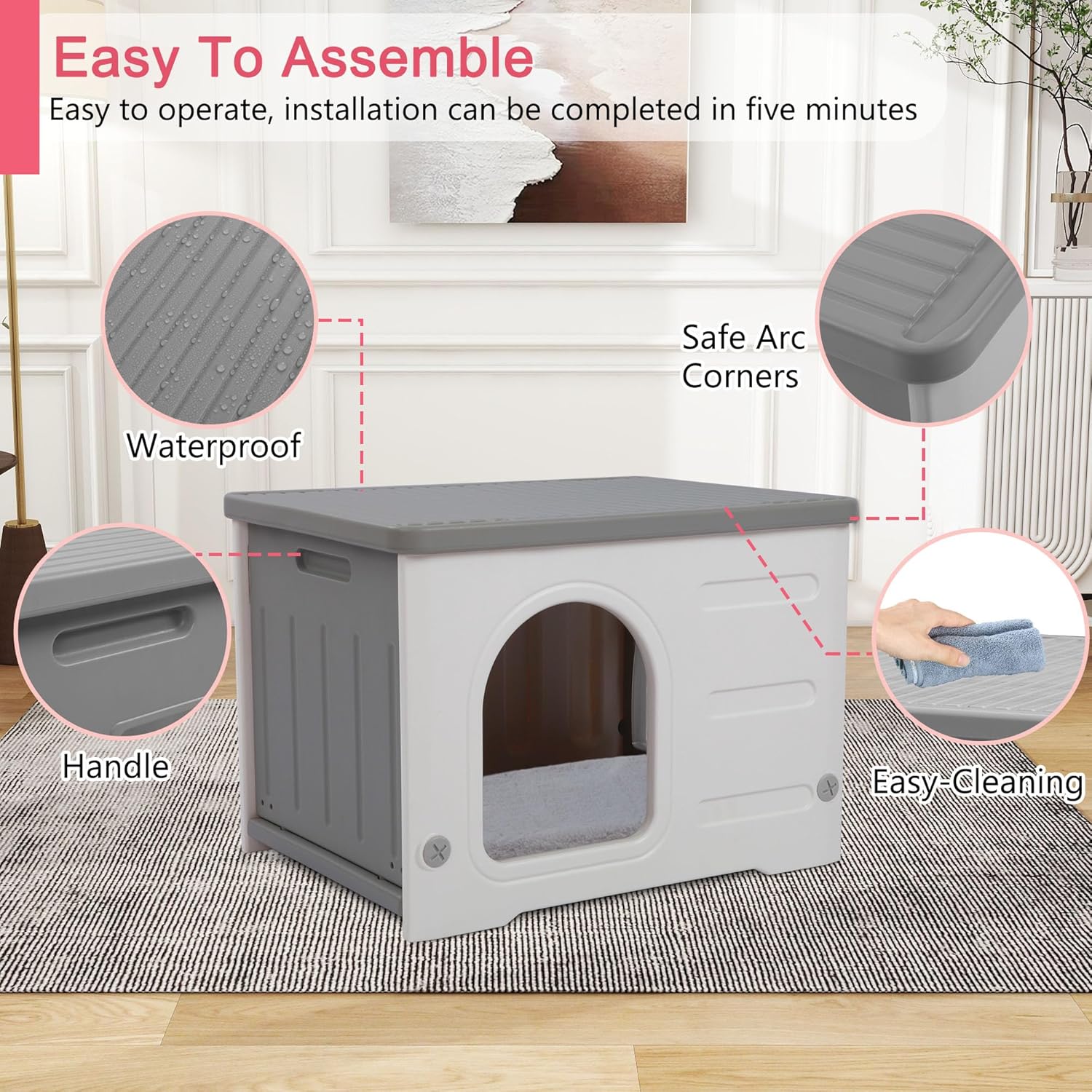 Rockever Plastic Cat House Outdoor with Escape Door, Waterproof Feral Cat House Outdoor Indoor, Sturdy Cat House for Outdoor Cats with Cat Bed Mat, Assemble Easily-Grey - Pet Explorer
