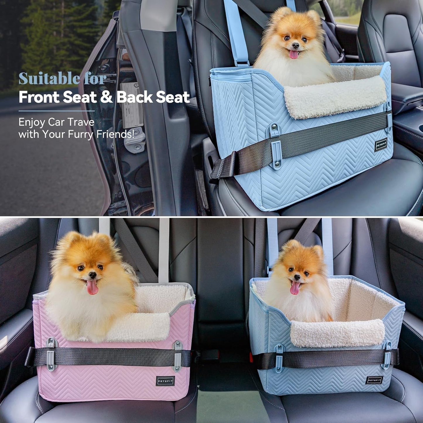 PETSFIT Dog Car Seat Medium Sized Dog, Stable Small Dog Car Seat for Car with Clip-On Leash, Fleece Liner Suitable for Small Pets Up to 25lbs (Blue) - Pet Explorer