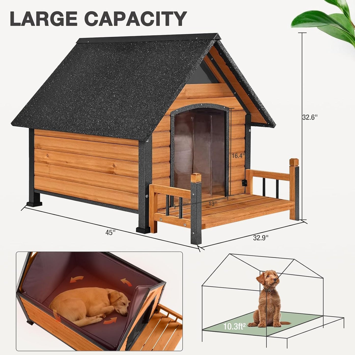 Dog House with Insulated Liner Outdoor Indoor All-Around Iron Frame Design Dog House with Porch＆Raised Feet for Small Medium Large Dogs（Brown） - Pet Explorer