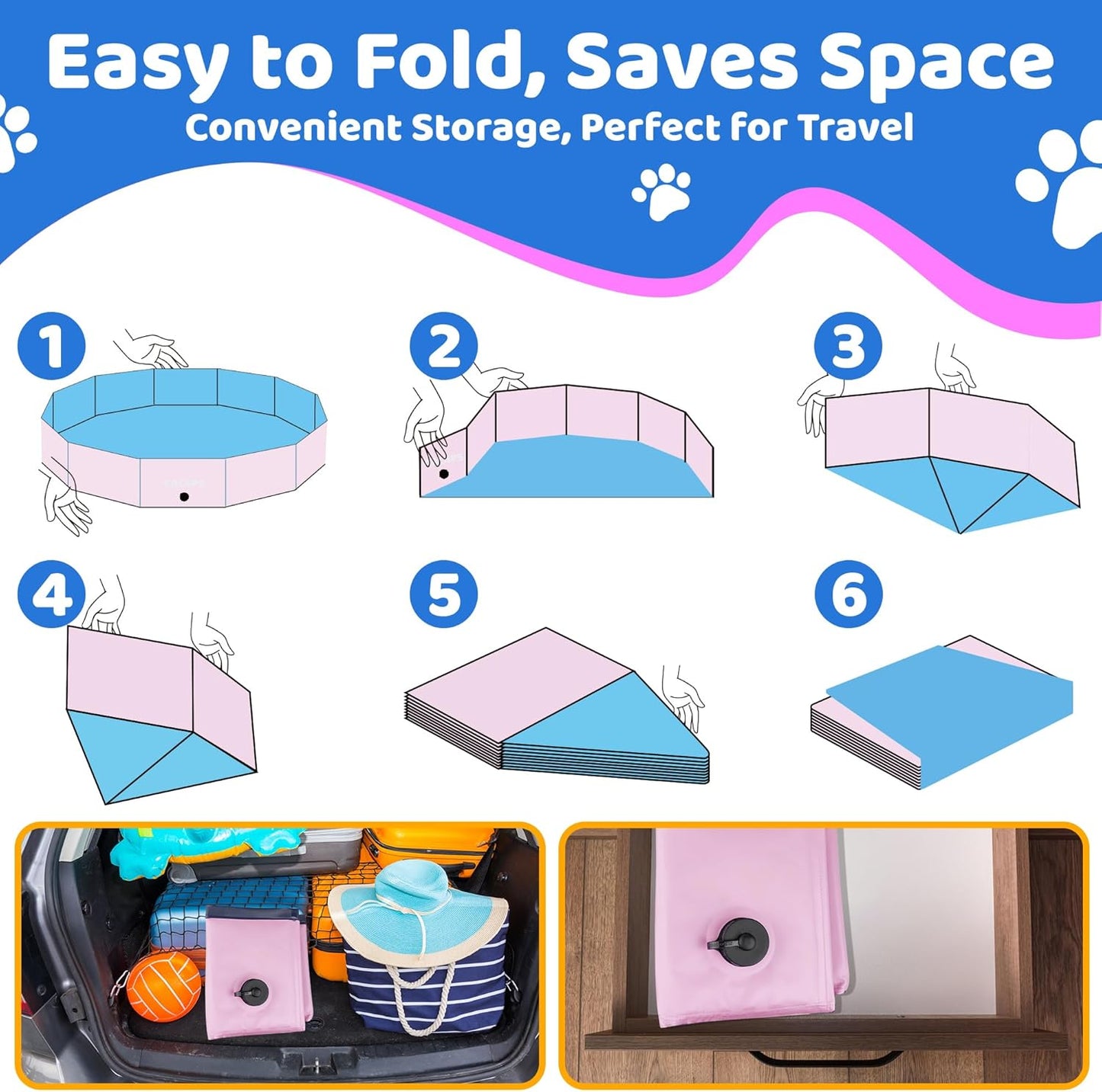 2025 Updated Foldable Dog Pool, 71" x 12" Kiddie Pool with Hard Plastic, Non-Slip Dog Bath Tub for Outdoor Backyard, Collapsible Dog Swimming Pool for Kids Dogs Pets (Pink) - Pet Explorer