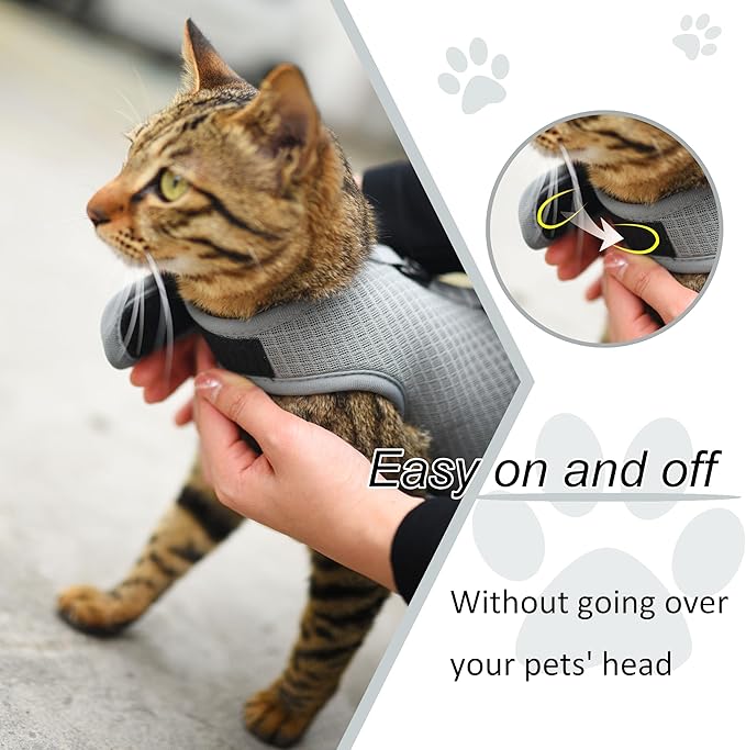 Cat Harness and Leash for Walking Escape Proof Breathable Mesh Fabric, Solid Grey, Large, Adjustable Cat Walking Jackets, Padded Stylish Cat Vest
