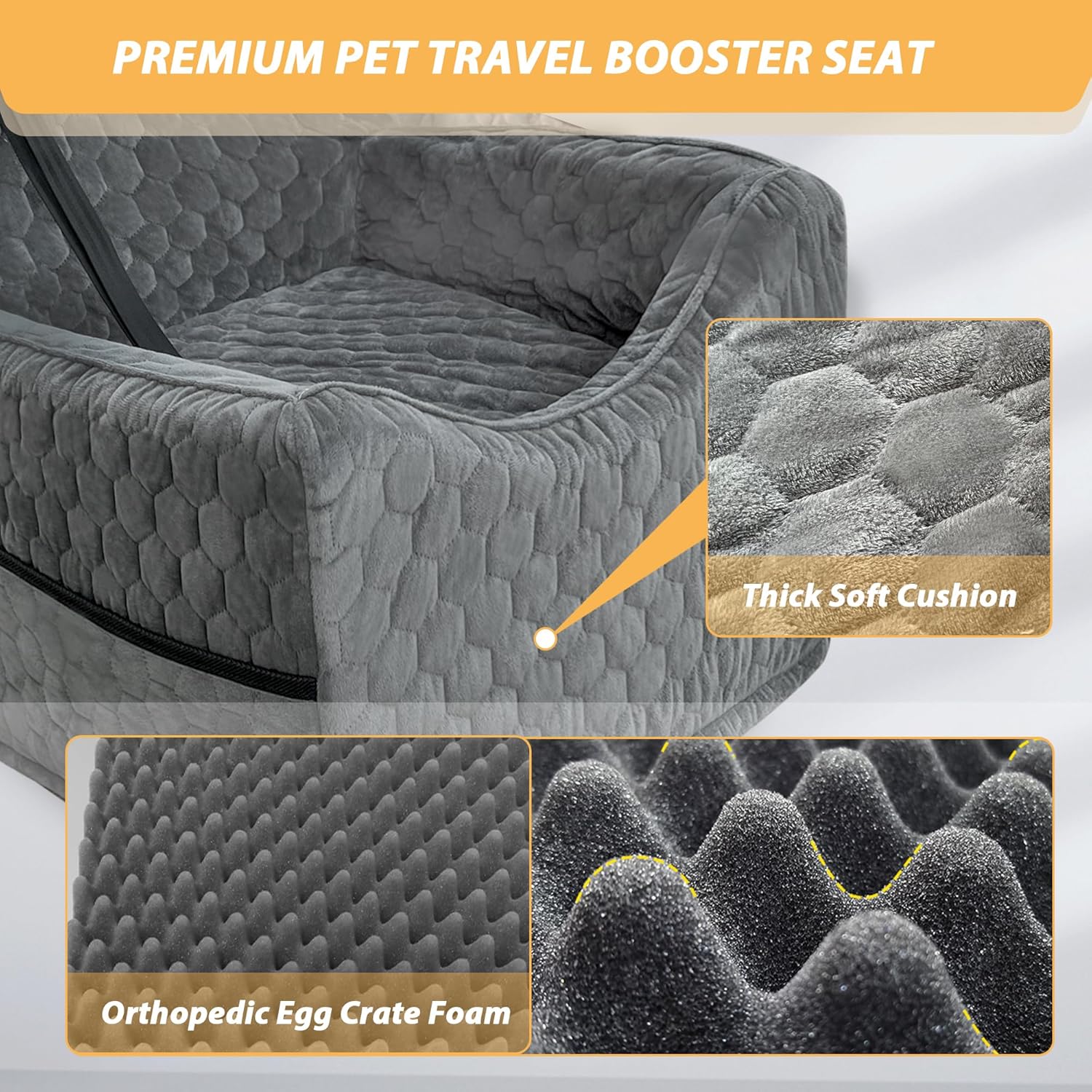 Dog Car Seat for Small/Medium Dogs, Memory Foam Dog Booster Seat, Travel Safety Per Car Seat with Washable Removable Cover, Storage Pockets for Dogs up to 35 lbs(Gray) - Pet Explorer