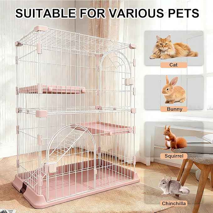 Cat Cage 2-Tier Indoor Cat Enclosure with Widen Bottom Buckle & Reinforced Locking Clamps DlY Cat Playpen for 1-2 Cats & Small Pets,33" Lx 24" W X 43" H (Pink, Two-Tier43)