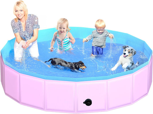 2025 Updated Foldable Dog Pool, 87" x 12" Kiddie Pool with Hard Plastic, Non-Slip Dog Bath Tub for Outdoor Backyard, Collapsible Dog Swimming Pool for Kids Dogs Pets (Pink) - Pet Explorer