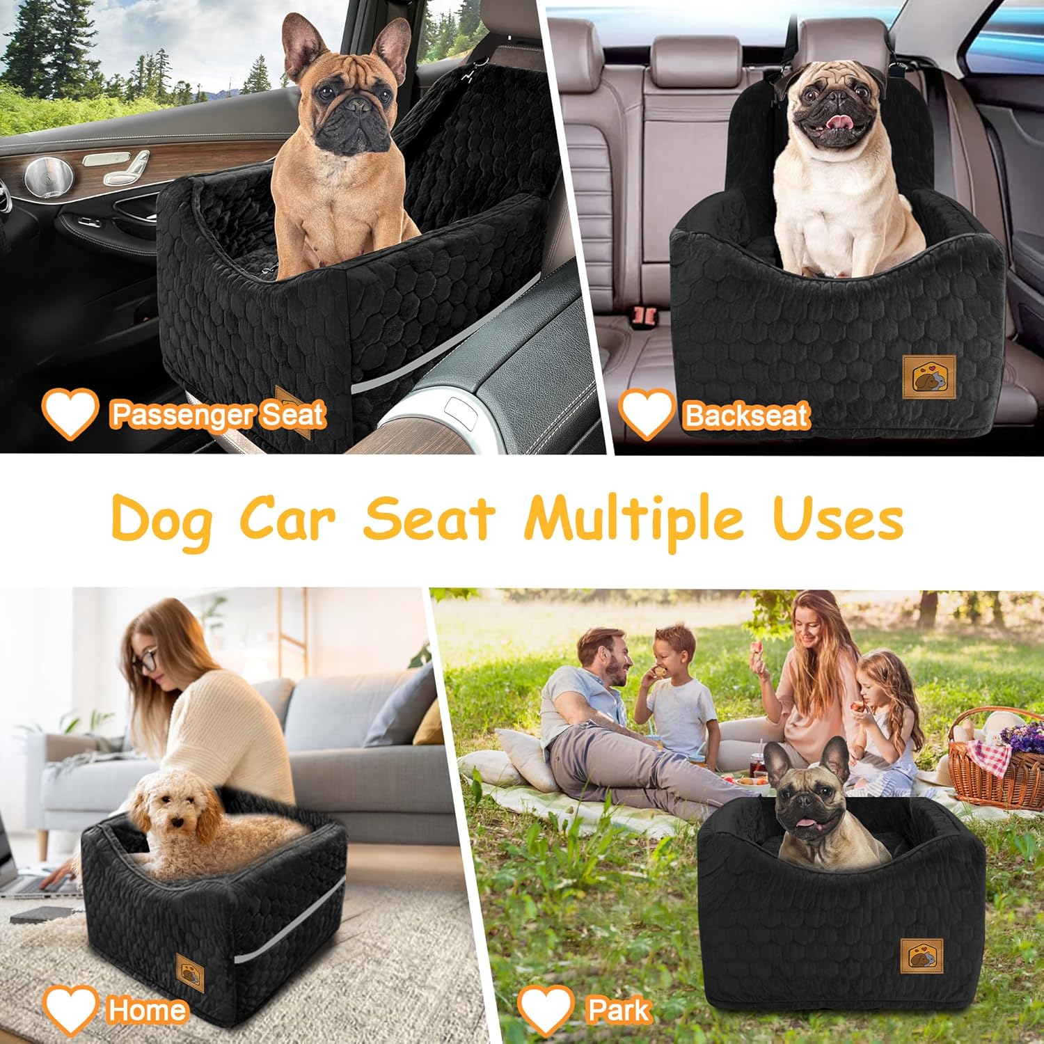 Dog Car Seat for Small/Medium Dogs, Memory Foam Dog Booster Seat, Travel Safety with Washable Removable Cover, Storage Pockets for Dogs up to 35 lbs(Black) - Pet Explorer