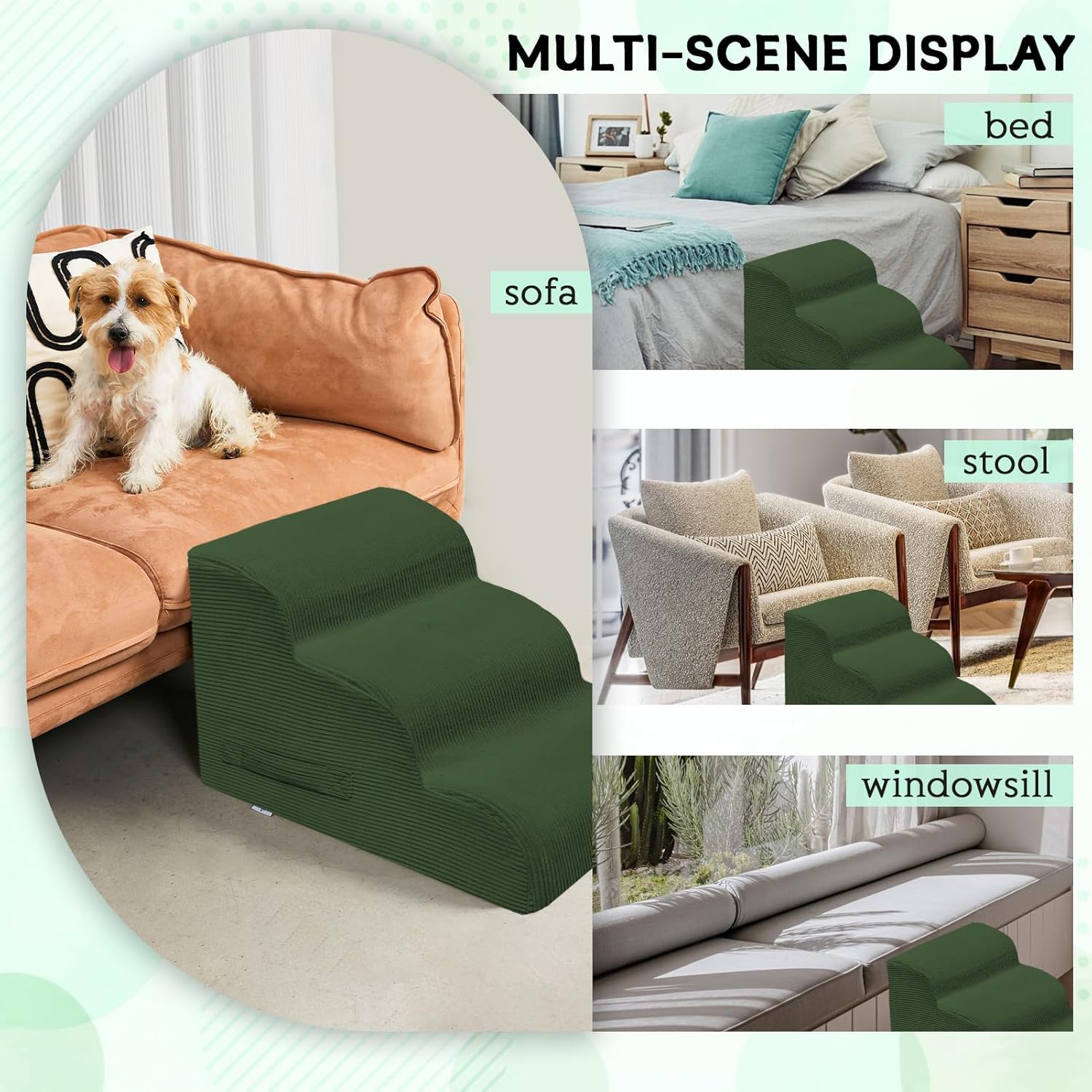 Dog Steps for Small Dogs, 3-Step Pet Ramp Stairs for High Beds and Sofa, Non-Slip Pet Stairs for Small Dogs and Cats, Removable and Easy to Clean Cover, Green - Pet Explorer