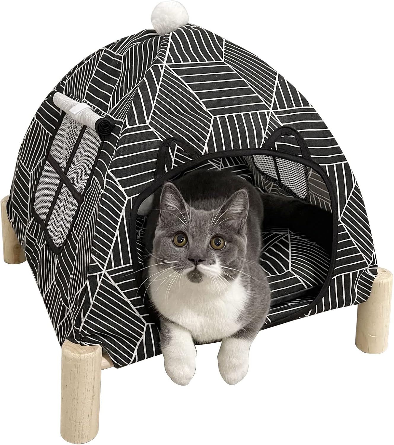 2-in-1 Elevated Cat Tent Cat House, Quick Assembly and Disassembly, Portable Indoor/Outdoor Cute Cat Bed Cave-Black Diamond Pattern - Pet Explorer