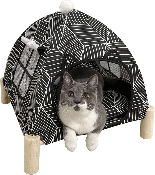 2-in-1 Elevated Cat Tent Cat House, Quick Assembly and Disassembly, Portable Indoor/Outdoor Cute Cat Bed Cave-Black Diamond Pattern - Pet Explorer
