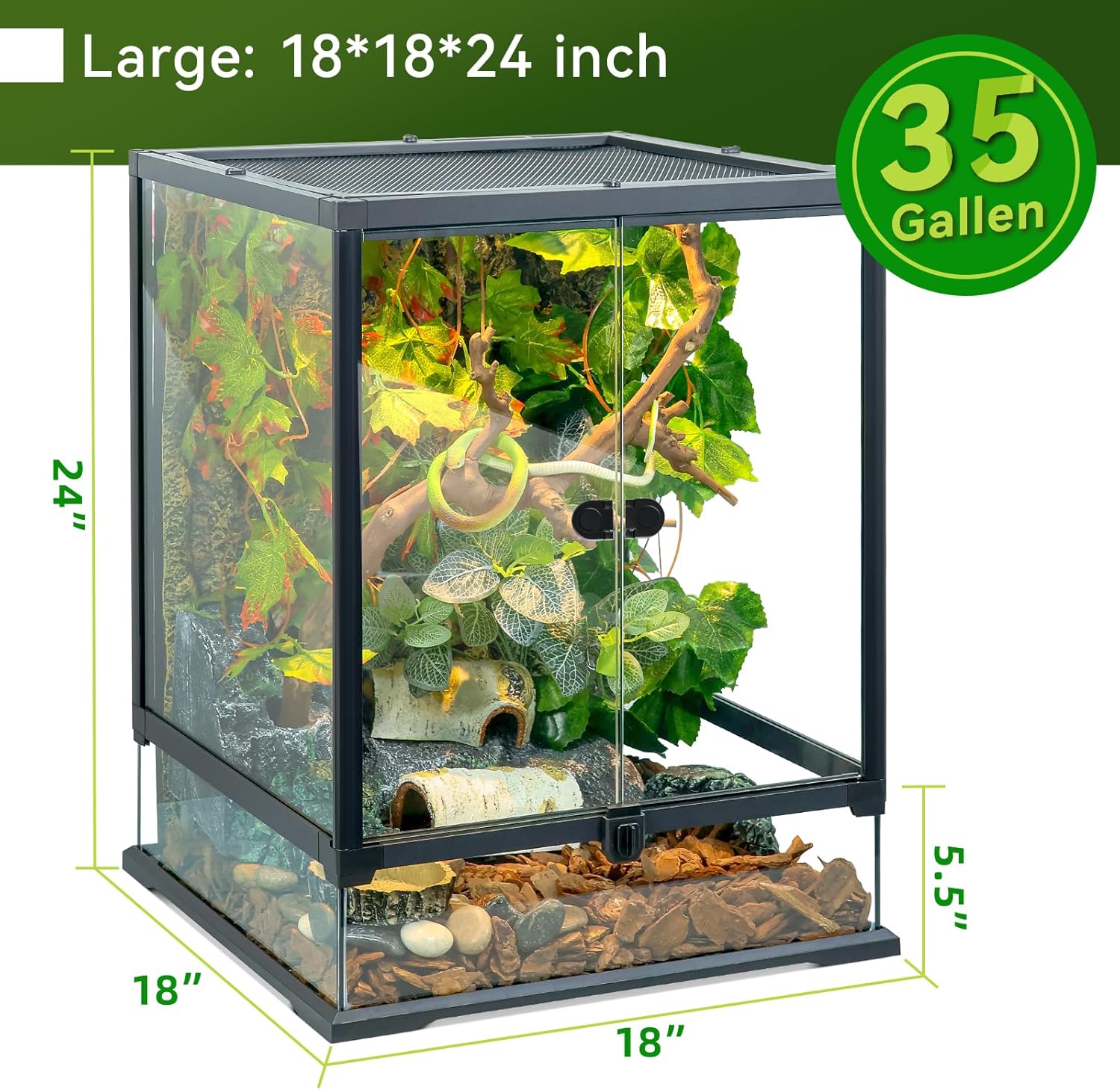 24x18x18'' 35 Gallon Glass Reptile Tank Front Opening Terrarium Suitable for Leopard Geckos, Snakes, Tree Frogs, Chameleons,Watertight Base, Ventilated Metal Mesh Top, Pre-Drilled Cable Holes - Pet Explorer