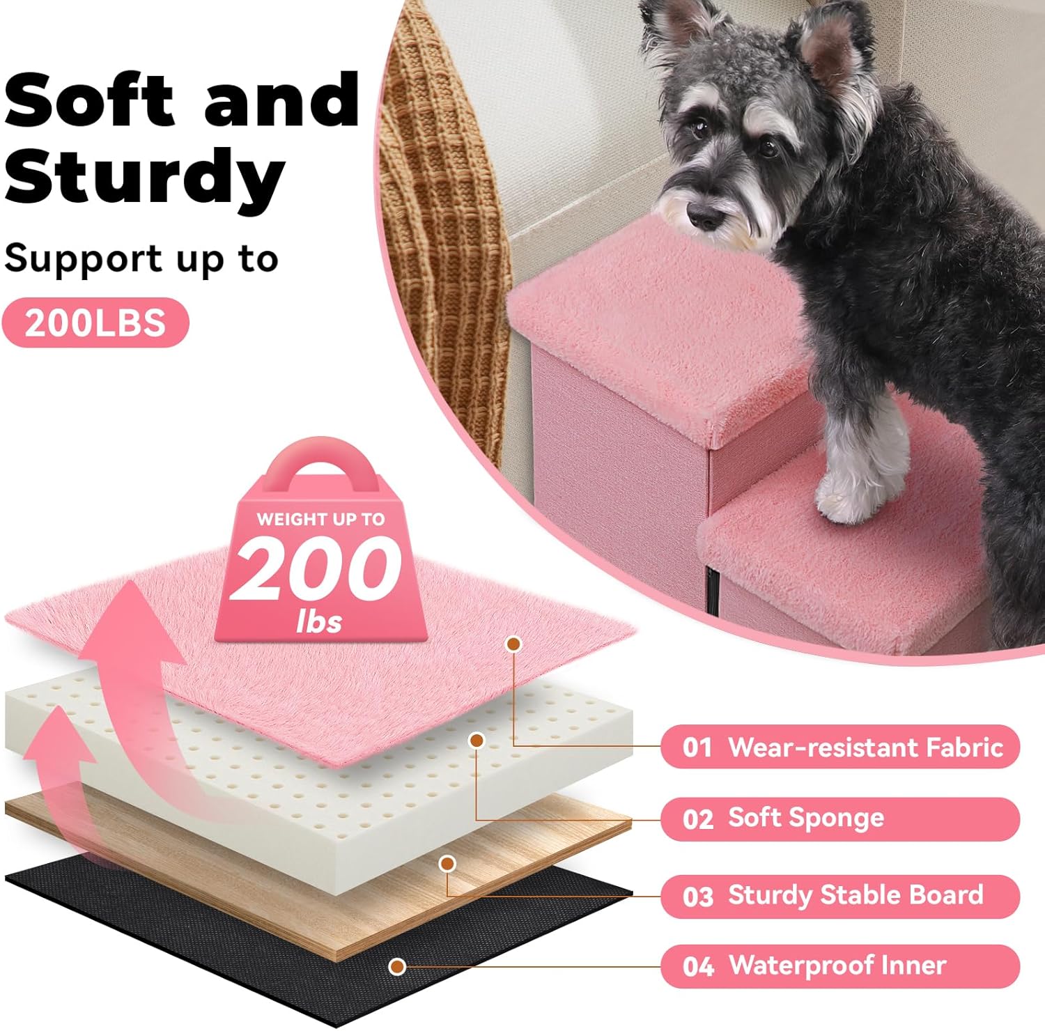 Dog Stairs with Furry Lids 18" H, 3-Step Wider Dog Steps with Storage for Small/Medium/Large Dogs Cats, Folding Sturdy Pet Stairs Climbing Bed or Sofa, Ramp for Car Hold Up to 200 lbs, Pink - Pet Explorer