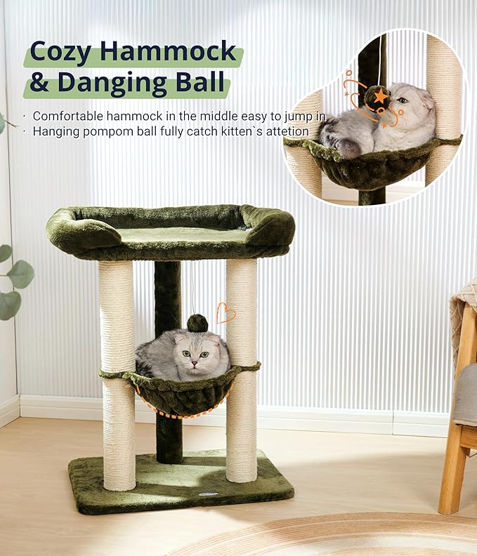 Happi N Pets 28" Cat Tree Tower, Tall Cat Scratching Post with Soft Perch for Window Viewing, Large Bed for Big Cats, Stable & Compact Cat Tower with Hammock, Removable Cover-Green