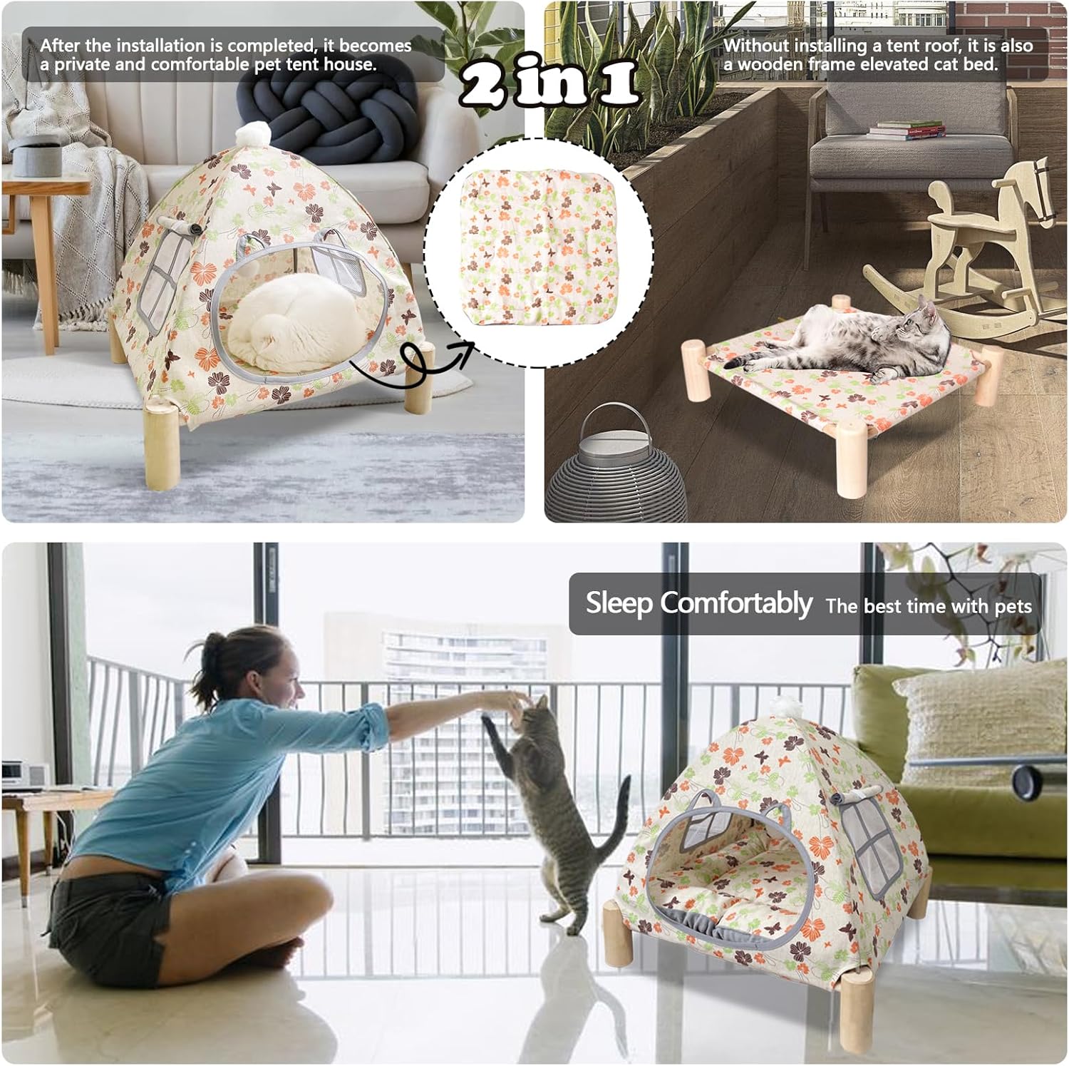 2-in-1 Elevated Cat Tent Cat House, Quick Assembly and Disassembly, Portable Indoor/Outdoor Cute Cat Bed Cave-Butterfly and Flower - Pet Explorer