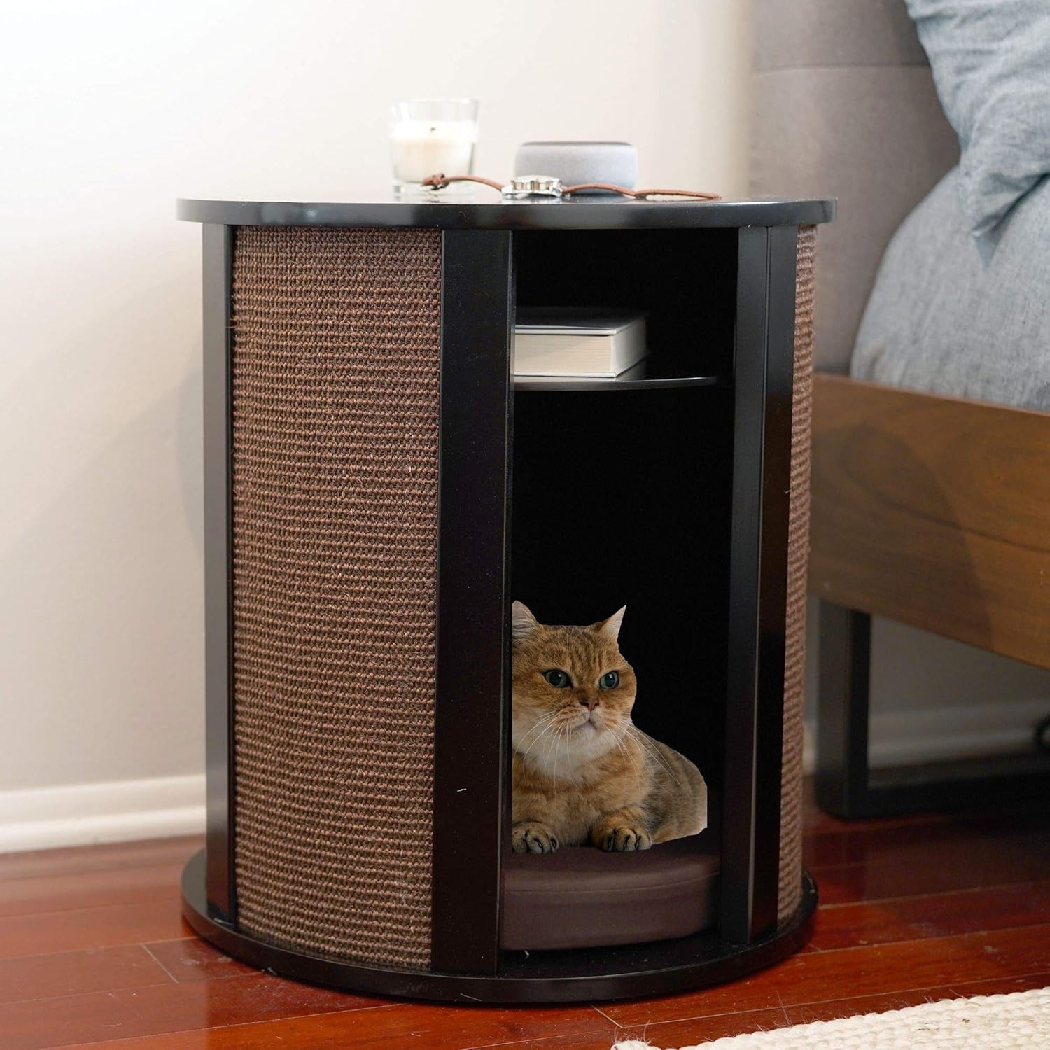 THE REFINED FELINE Purrrrfect End Table Cat Bed Cave in Black Espresso, Multipurpose Wood Cat Furniture Nightstand, Easy to Clean Covered Cat Bed with Replaceable Scratching Post & Washable Cushion - Pet Explorer