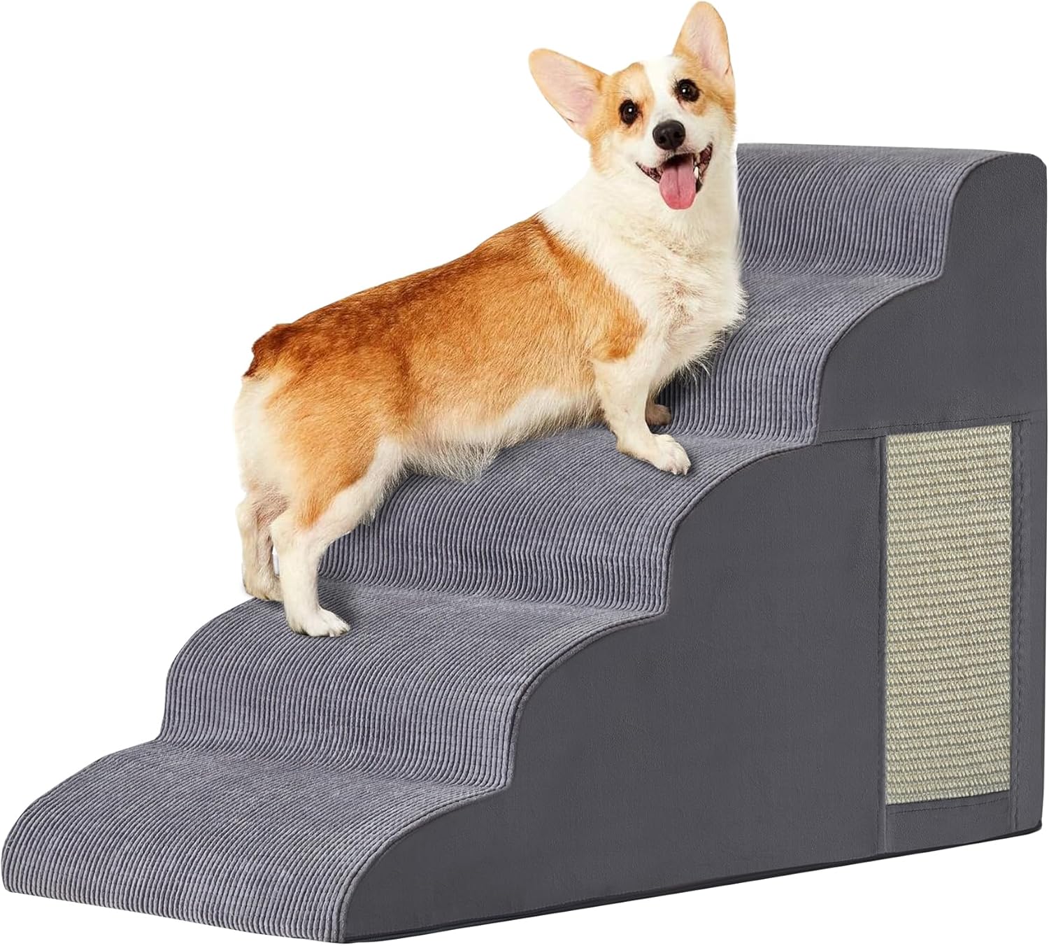 Pet Stairs, Dog Stairs for Small Dogs, Dogs Steps, 5-Step Curved Dog Ramp for Bed, Couch, Sofa, Car and Chairs, Non-Slip Bottom Design, Cat Scratching Board, High Density Foam Portable Pet Step, Grey - Pet Explorer