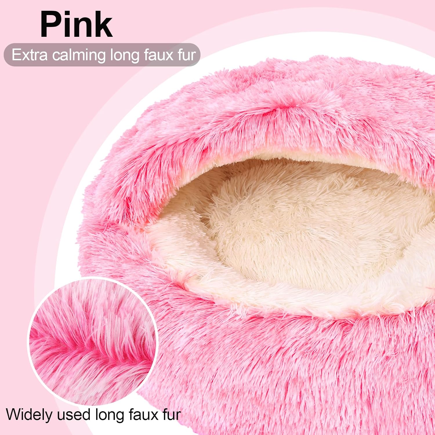 Calming Dog Beds with Hooded Cat Cave Cover - Removable, Washable Round Beds for Small to Medium Pets, Anti-Slip Faux Fur Fluffy Cover for Improved Sleep - Fits up to 15/25 lbs (Pink, M) - Pet Explorer