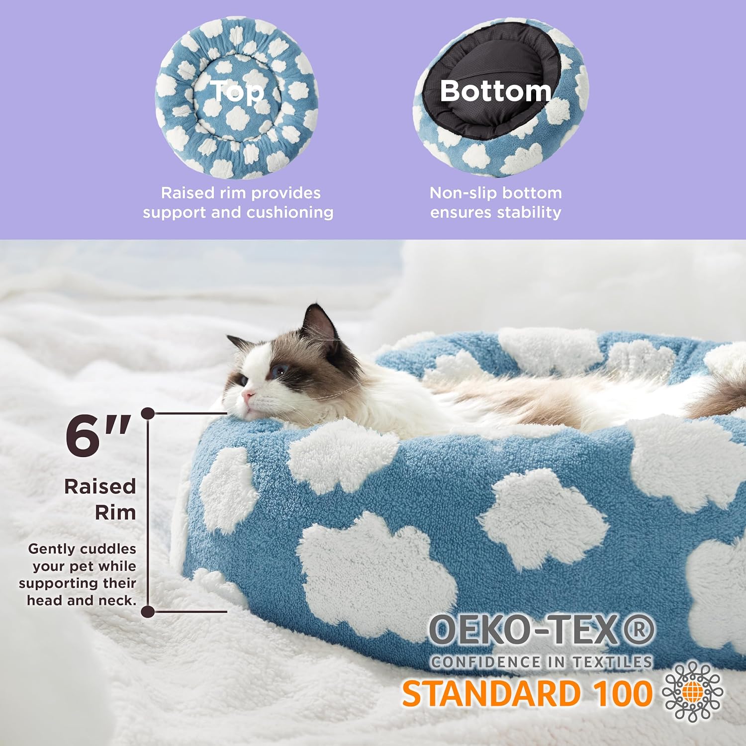 LE SURE Donut Cat Beds for Indoor Cats - Small Round Dog Bed for Calming Pets with Washable Cover, Cute Modern Puppy Beds with Jacquard Shaggy Plush & Anti Slip Bottom, 20 Inch, Blue - Pet Explorer