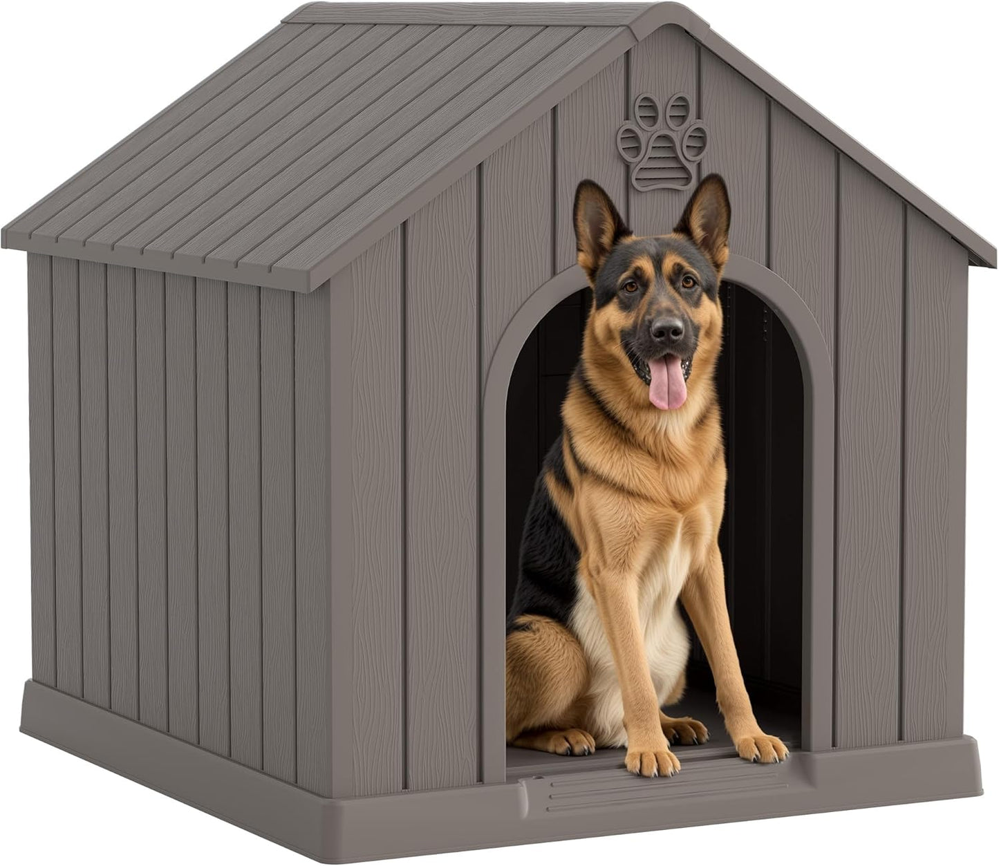 Large Dog House Outdoor Indoor for Medium Large Dogs, Durable Plastic Waterproof Doghouse with Air Vents and Elevated Floor, Easy Clean and Assemble (Grey, 36.2''L×38''W×38''H) - Pet Explorer