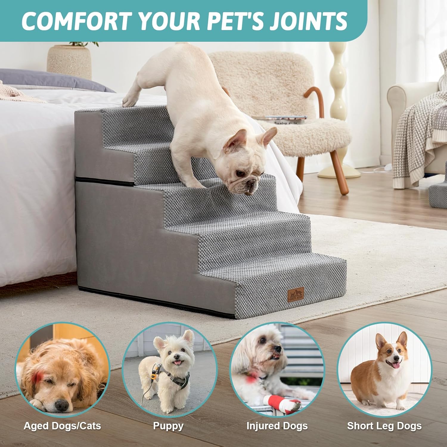 Dog Stairs for Small Dogs, 5 Tier Removable Wider Pet Stairs for Couch and Bed, 23.6" H Non-Slip Dog Steps for Puppies and Old Cats with Support Board, 29.5x19.7x23.6 inch, Grey - Pet Explorer