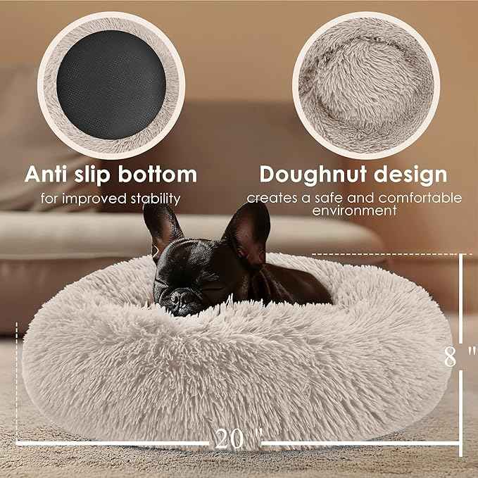 Hoewina Dog & Cat Bed, 20in Cat Beds for Indoor Cats, Calming Donut Bed for Puppy and Kitten, Washable Round Fluffy Pet Bed for Small Medium Dogs and Cats (Brown)