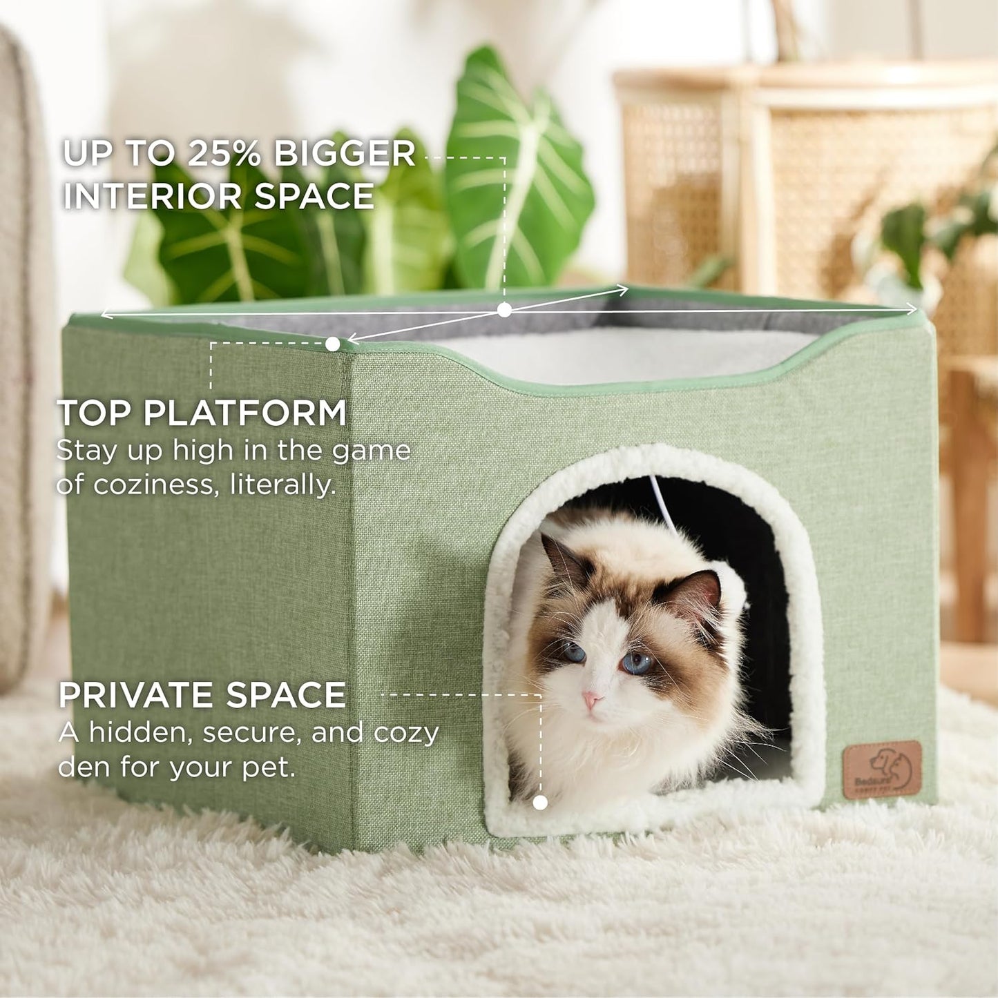 Bedsure Cat Beds for Indoor Cats - Large Cat Cave for Pet Cat House with Fluffy Ball Hanging and Scratch Pad, Foldable Cat Hideaway, 16.5x16.5x13 inches, Green - Pet Explorer