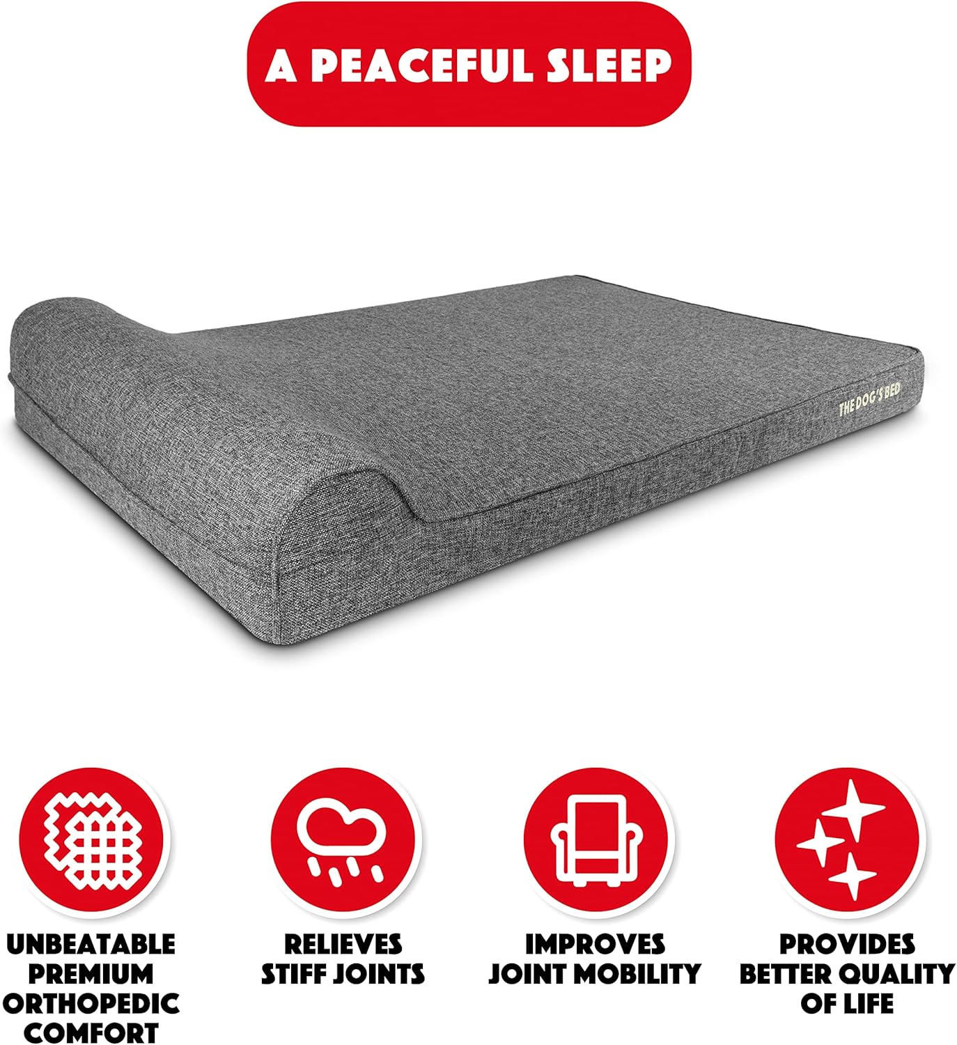 The Dog’s Bed Orthopedic Headrest Dog Bed XXL Grey Linen 54x36, Memory Foam, Pain Relief for Arthritis, Hip & Elbow Dysplasia, Post Surgery, Lameness, Veterinary Approved, Waterproof Washable Cover - Pet Explorer