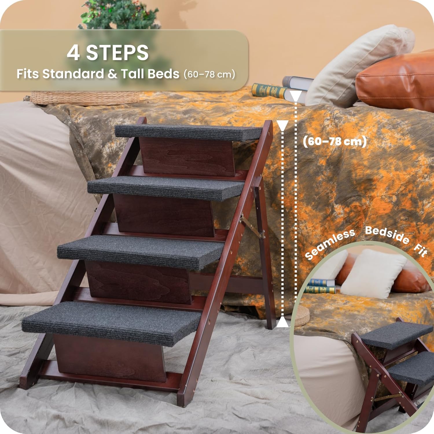 MEWANG Wooden Pet Stairs/Pet Steps - 3-in-1 Foldable Stairs & Ramp for Tall Beds and Cars - Portable Dog/Cat Ladder Up to 220 Pounds - for Small and Older Animals(Brown) (31.5" L x 17.2" W x 25.0" H) - Pet Explorer