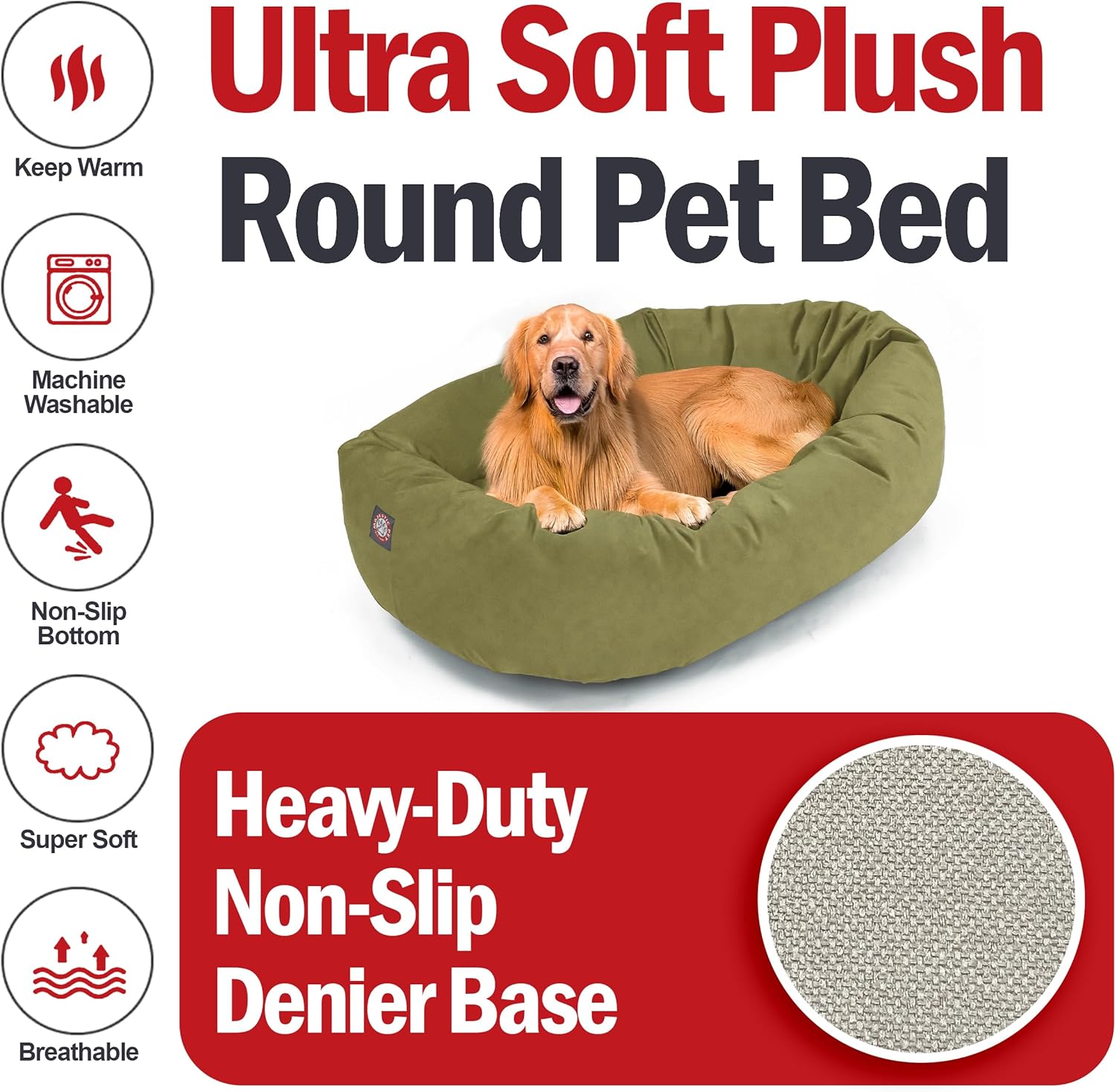 Majestic Pet 40 Inch Suede Shredded Memory Foam Mix Calming Large Dog Bed Washable 40 x 29 x 9 (Inch) - Cozy Soft Round Donut Dog Bed with Spine for Head Support - Pet Bed Sage - Pet Explorer