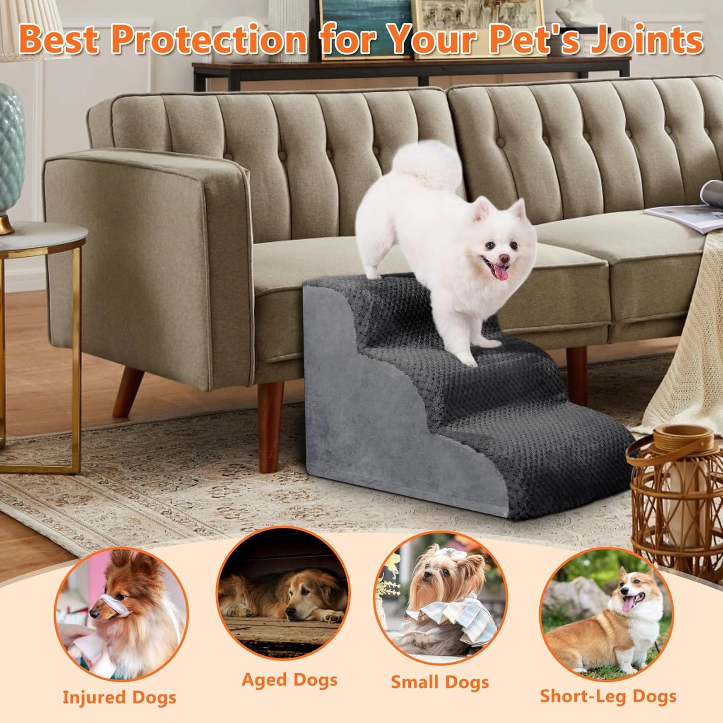 MIHIKK Dog Stairs Ramp, Curved 3-Step Dog Steps for Small Dogs and Cats, Pet Stairs for High Beds and Couch with Anti-Slip Washable Cover and Durable High Density Foam, Dark Grey - Pet Explorer