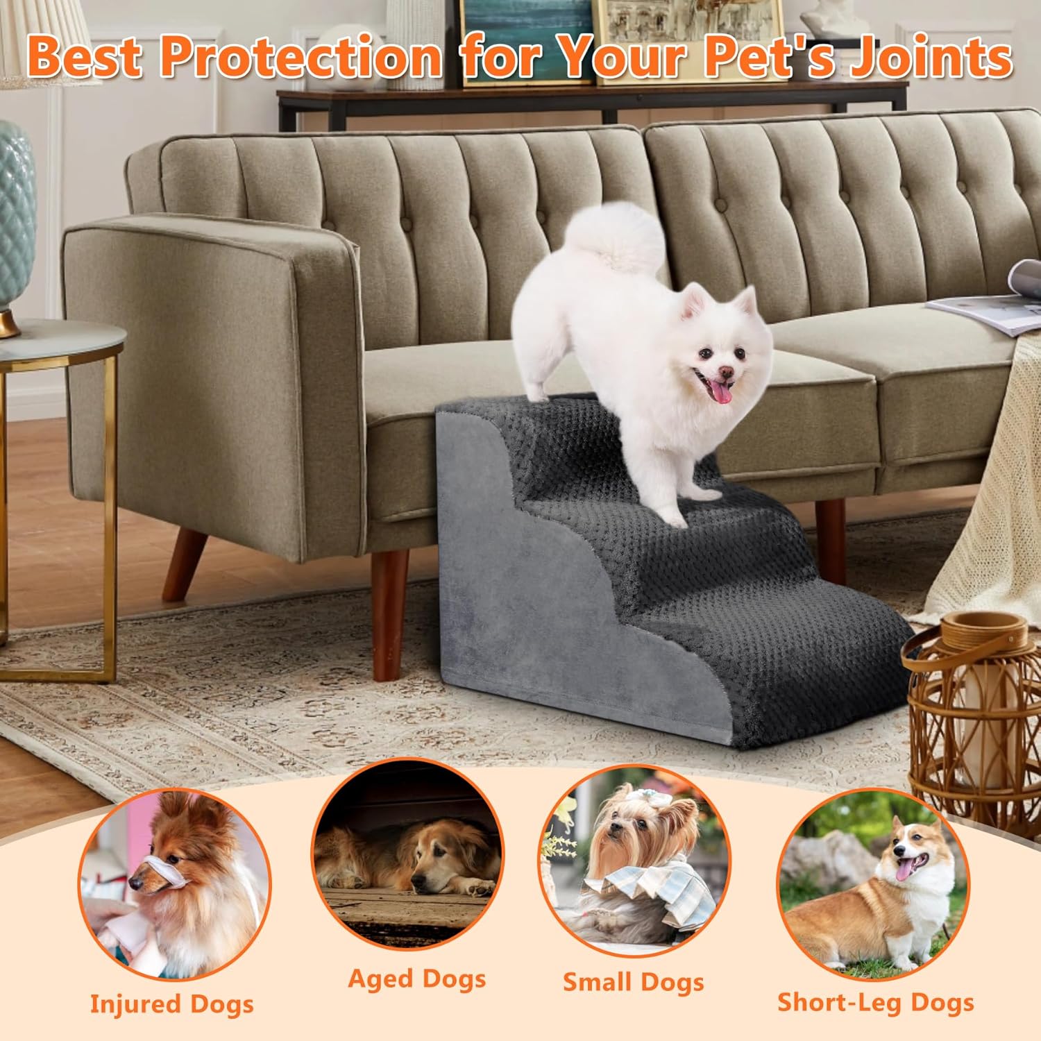 MIHIKK Dog Stairs Ramp, Curved 3-Step Dog Steps for Small Dogs and Cats, Pet Stairs for High Beds and Couch with Anti-Slip Washable Cover and Durable High Density Foam, Dark Grey - Pet Explorer