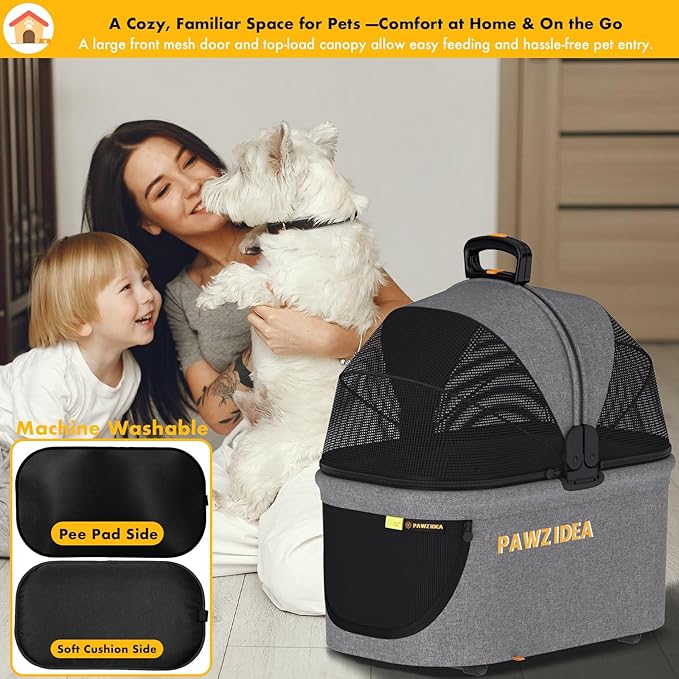 PAWZIDEA Portable Small Dog Crate for Car Travel, Enclosed Pet Car Seat for Small/Medium Dogs & Cats up 33 lb, Reversible No-Zip Canopy, Soft-Sided Pet Carrier Basket, Foldable Dog Kennel, Metal Frame