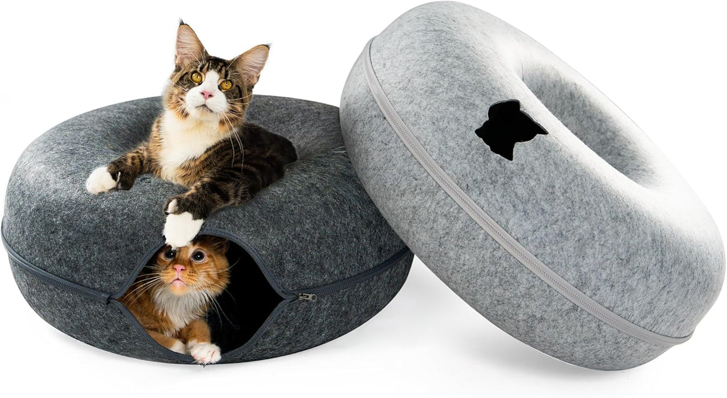 Cattasaurus Peekaboo Cat Cave, Extra Spacious for Multiple & Large Cats 12+ lbs, Scratch Detachable Beds for Indoor Cats, Washable Tunnel Bed, Comfy Cat Donut Tunnel (Light Gray+Dark Gray, Jumbo) - Pet Explorer