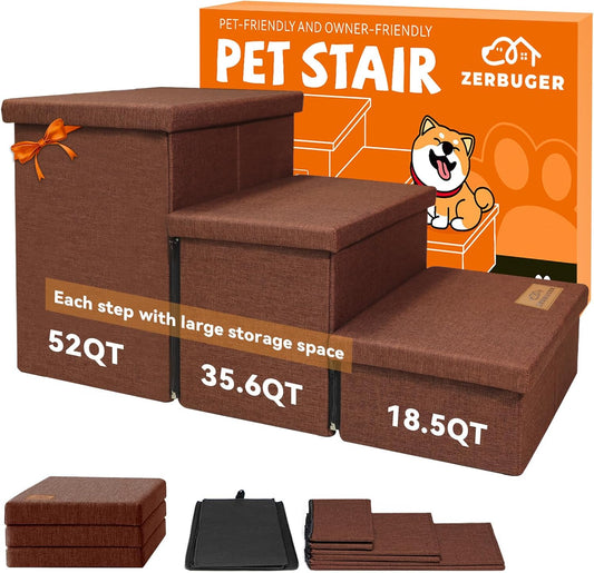 Dog Stairs with Storage 18" H, 3-Step Wider Dog Steps for Small/Medium/Large Old Dogs Cats, Folding Sturdy Pet Stairs Climbing Bed Couch, Ramp for Car Hold Up to 200 lbs (Brown, No Condo) - Pet Explorer