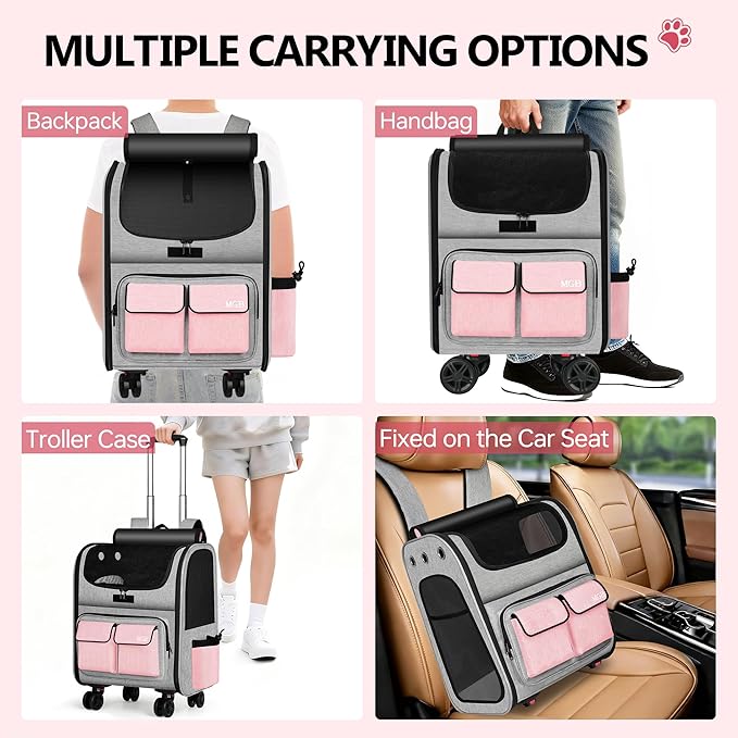 MGB Large Pet Carrier, Foldable Rolling Dog Carrier with Removable Wheels, Cat Rolling Bag 21.3"x15"x12.6" for 2 Cats & 1 Dog for Travel, Outdoor, Vet Visits, Camping, Indoor. Pink. (Not for Airline)