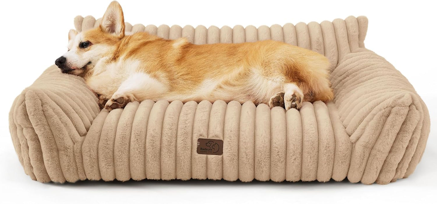 Bedsure Cute Dog Couch for Pets - Fluffy Dog Sofa with Premium Soft Corduroy Fleece, Pet Couch Bed with Washable Cover, Supportive Pet Sofa Bed for Medium Large Dogs, 36inch, Tuscan Beige - Pet Explorer