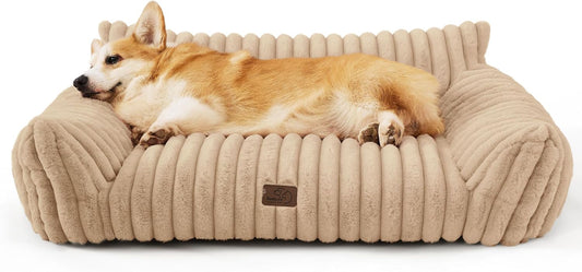 Bedsure Cute Dog Couch for Pets - Fluffy Dog Sofa with Premium Soft Corduroy Fleece, Pet Couch Bed with Washable Cover, Supportive Pet Sofa Bed for Medium Large Dogs, 36inch, Tuscan Beige - Pet Explorer