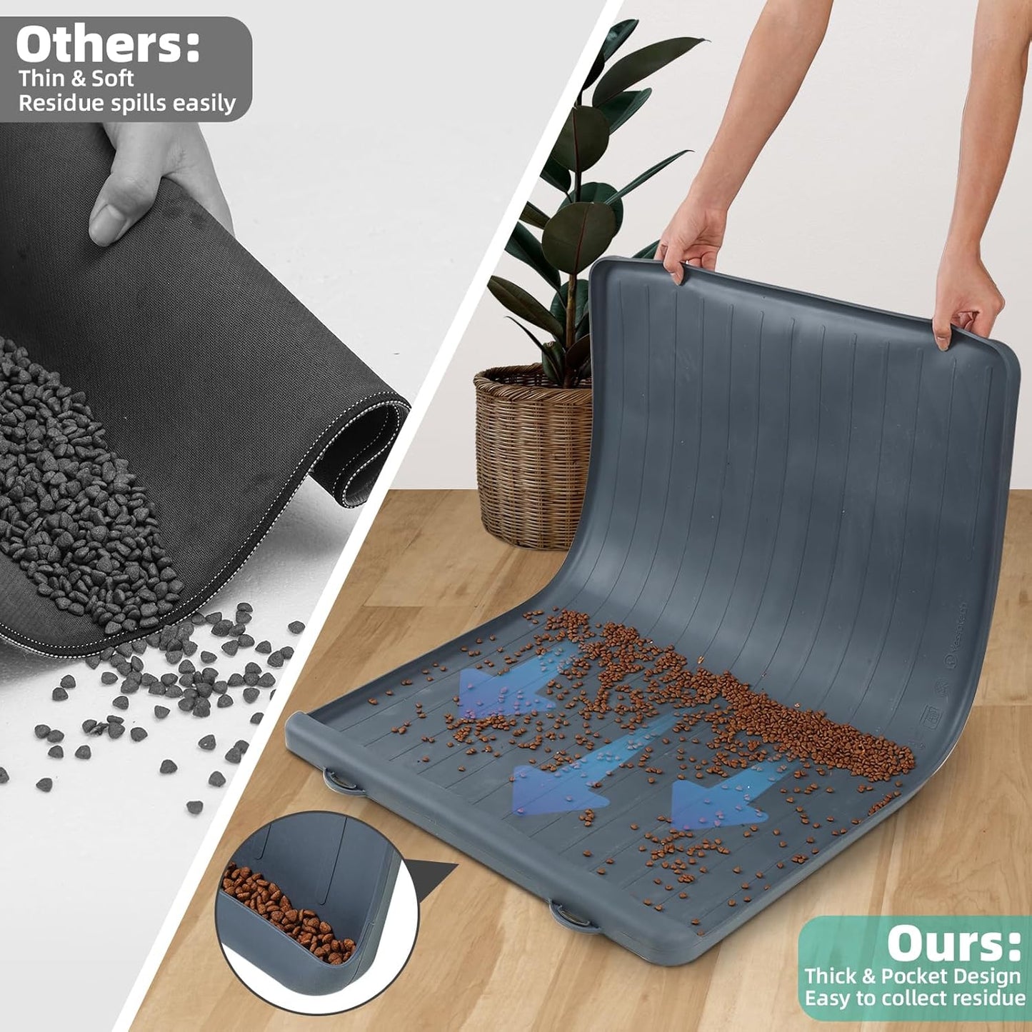 Dog Mat for Food and Water - 39.4" x 27" Large Pet Feeding Mats with Residue Collection Pocket - Waterproof Dog Cat Bowl Mat with High Edges to Prevent Water and Food Spills (Dark Grey) - Pet Explorer