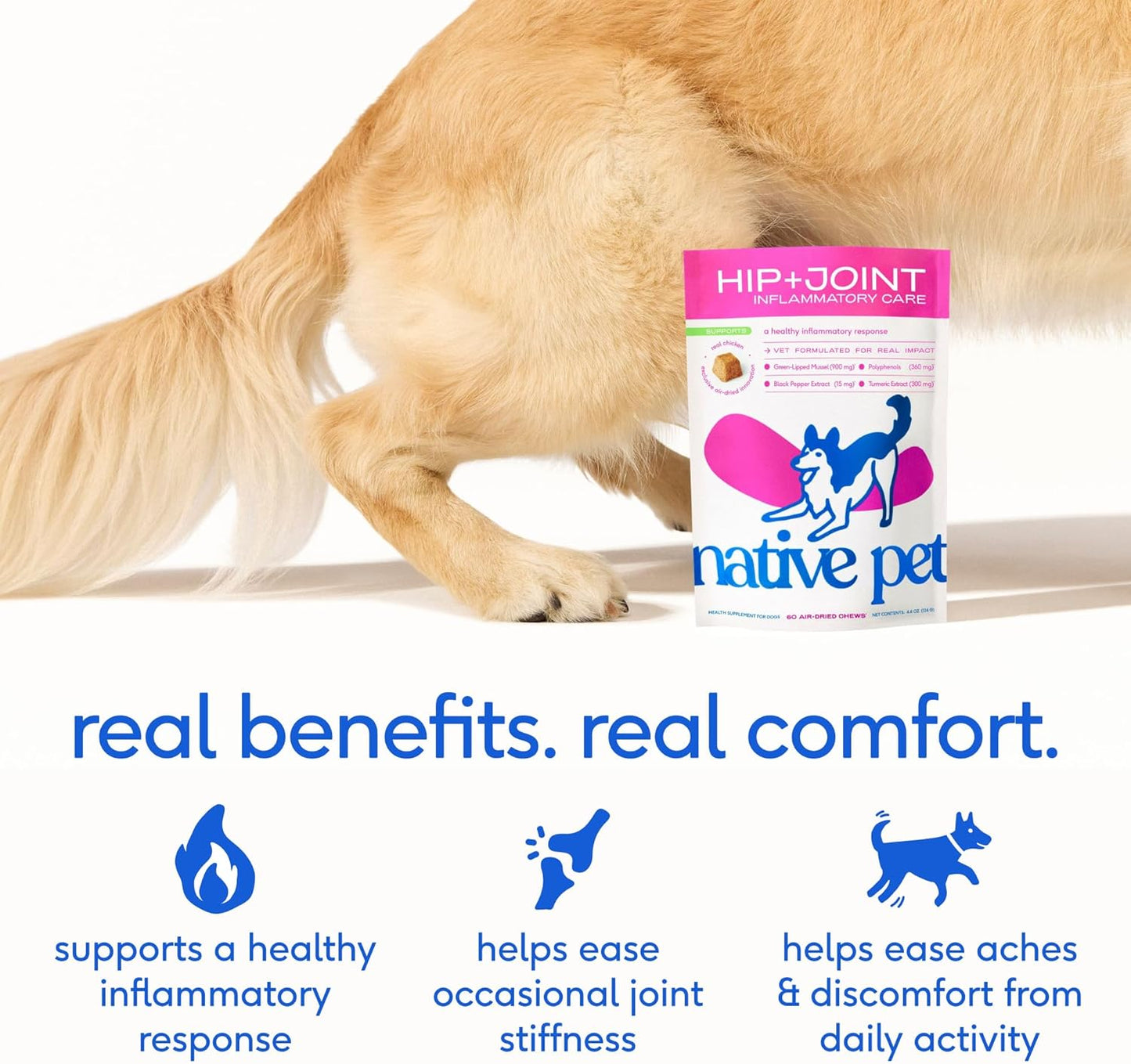 Native Pet Pain Relief for Dogs - Collagen for Dogs Promotes Joint Health, Reduce Inflammation & Stiffness - Senior Pup Joint Supplement - Natural Pain Reliever for Active & Aging Pets - 120 Chews