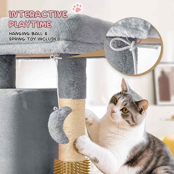 MoNiBloom Cat Tree Tower, 34 Inch Cat Tower with 2 Condos, Scratching Post & Sisal-Covered Scratching Board, Small Cat Climbing Tower, Pet Play House for Indoor Cats, Light Grey