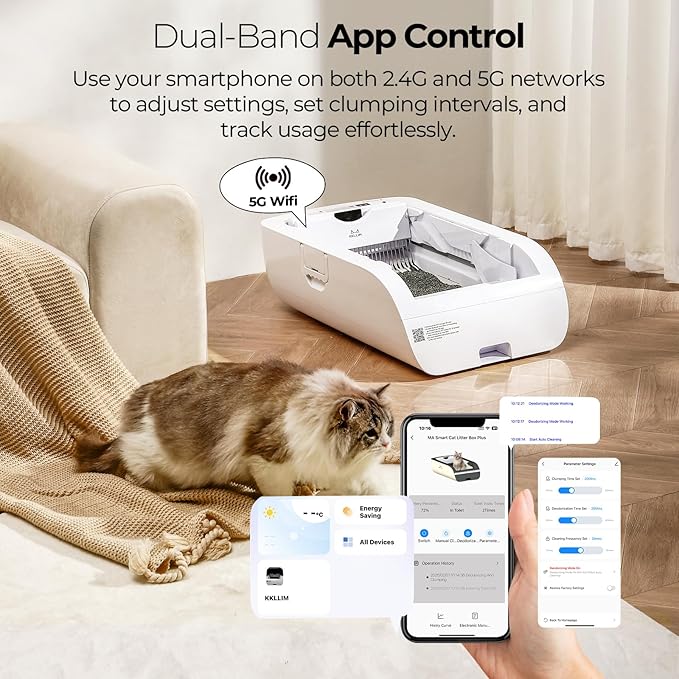 Open-Top Self-Cleaning Automatic Cat Litter Box-Smart APP Control (2.4G/5G) with Health Tracking&24H Backup, Dual Safety Sensors&Odorless Design for Multi-Cat Homes+3 Waste Bags
