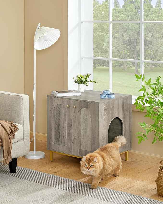 Cat Litter Box Enclosure, Hidden Litter Box Furniture Cabinet, Wooden Indoor Cat House, Side End Table, Living Room, Bedroom, Greige and Gold CB81205G