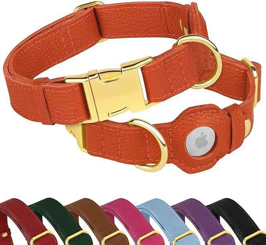 Leather Airtag Dog Collar - Soft Tracking Dog Collar with Apple AirTag Holder and Metal Buckle - Safety GPS Pet Collars for Small Medium Large Dogs Puppy Pink Red (Orange, S, 12"-15" Neck Fit)