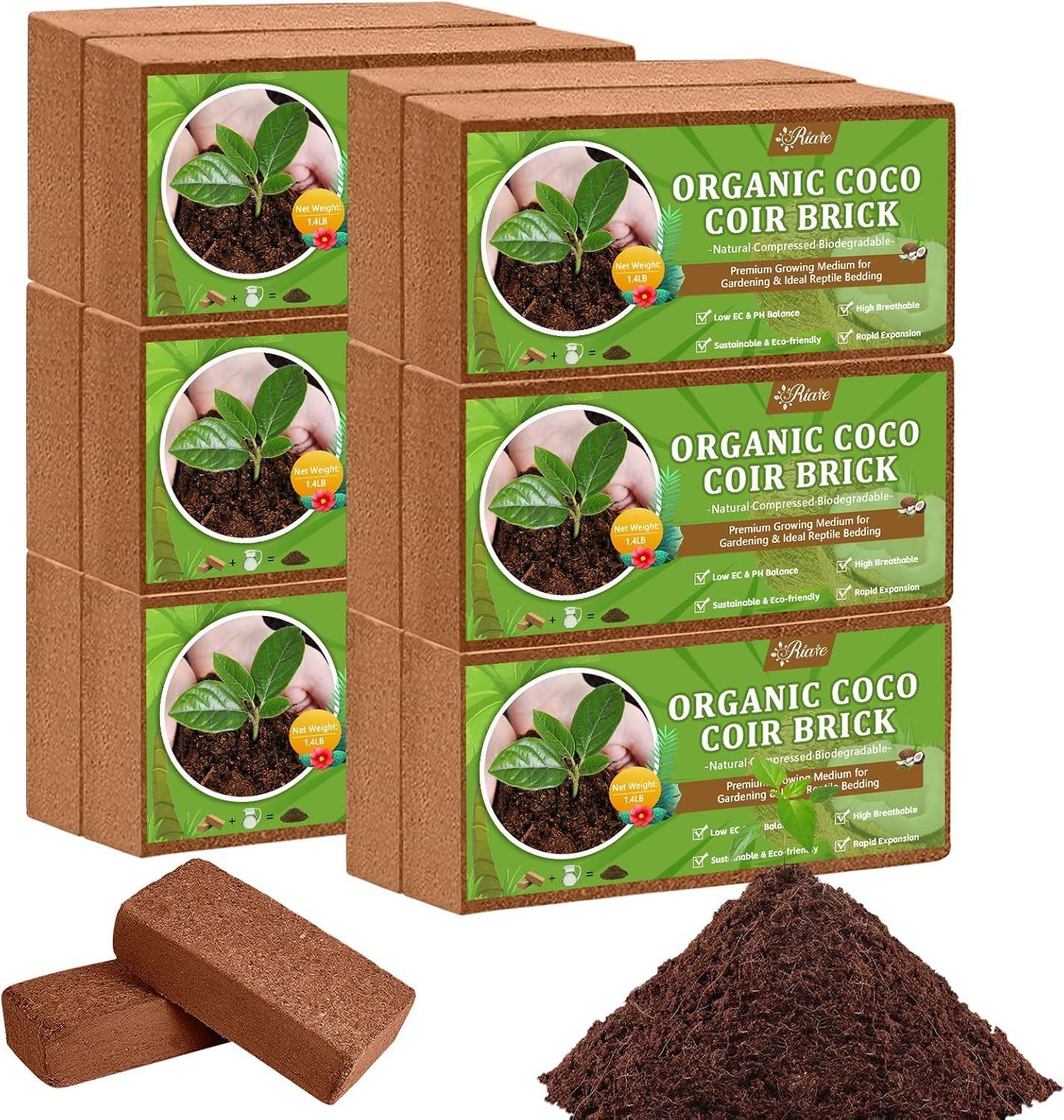 Riare 12pcs Organic Coco Coir Bricks Soil Blocks- 100% Natural Compressed Coco Peat Brick Coconut Fiber Substrate with Low EC& pH Balance, High Expansion Coco Coir Pith Coconut Husk for Garden - Pet Explorer