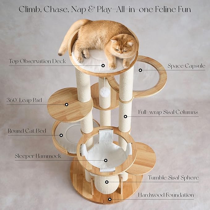 797Audio Modern Solid Wood Cat Tree Tower, 54" Tall Cat Tree with Scratching Posts, Capsule&Hammock, Luxury Natural Oak Wood Cat Tower, Aesthetic Multi-Level Cat Climbing Tree for Large Indoor Cats