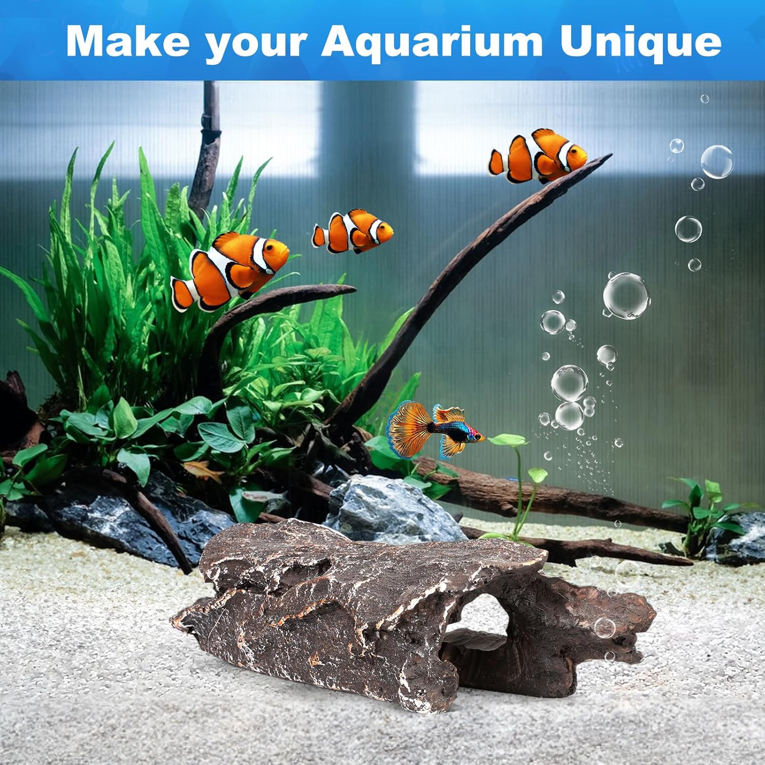 TRUVIC Fish Tank Decorations - Aquarium Cave Decor, Resin Hollow Tree Trunk Reptile Hide & Betta Log Hideout for 20 Gallon Tank, Fish Accessories Shelter Cave - Pet Explorer