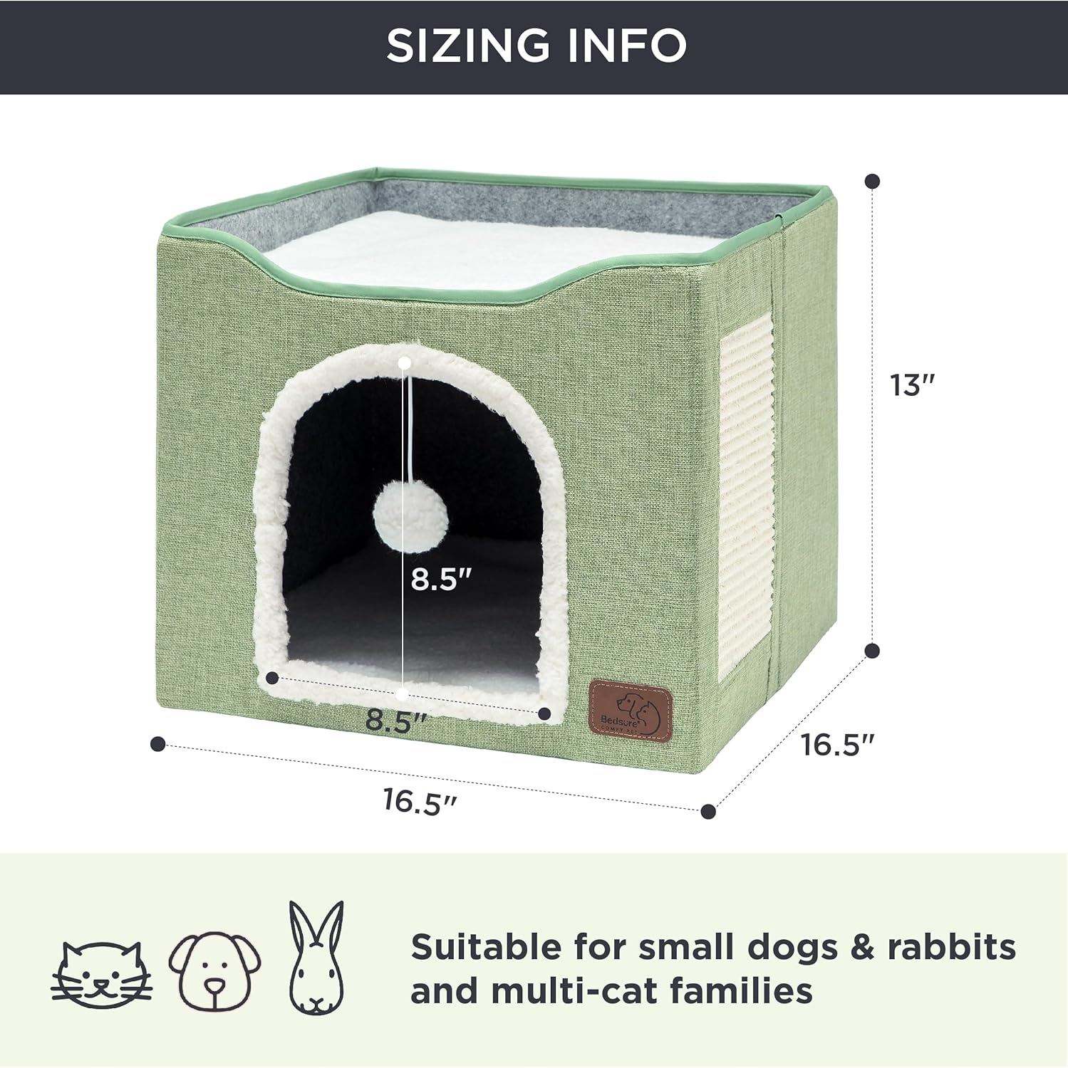 Bedsure Cat Beds for Indoor Cats - Large Cat Cave for Pet Cat House with Fluffy Ball Hanging and Scratch Pad, Foldable Cat Hideaway, 16.5x16.5x13 inches, Green - Pet Explorer