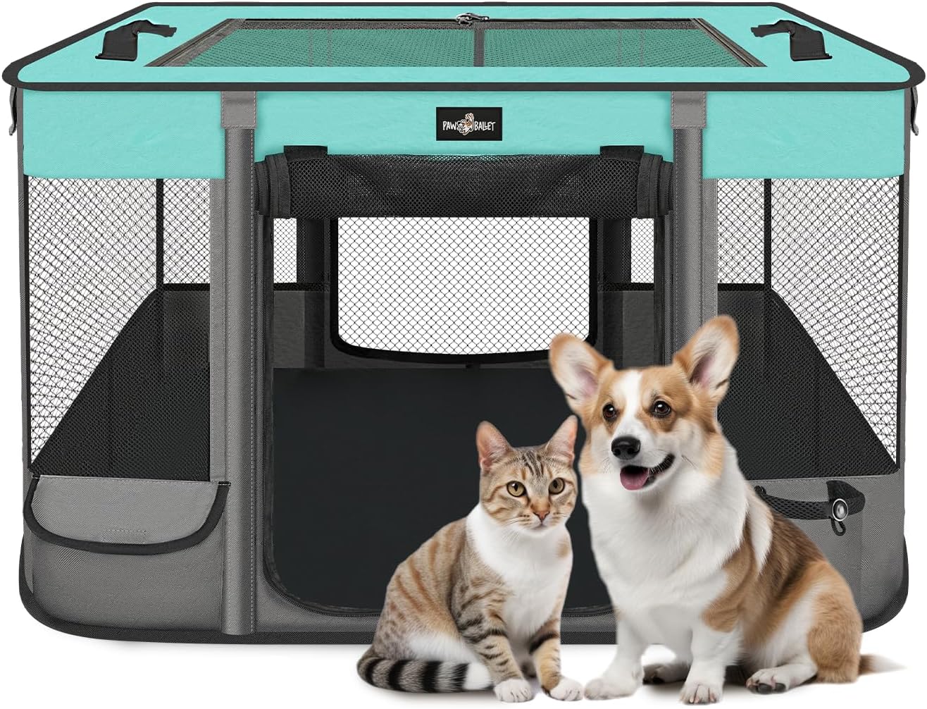 Foldable Pet Kitten Playpen, Waterproof Portable Pet Cat Dog Playpen Kennel Tent for Small Dog Cat, Removable Shade Cover, Come with Free Carrying Case, Indoor Outdoor Use for Small Animals, BlackTeal - Pet Explorer