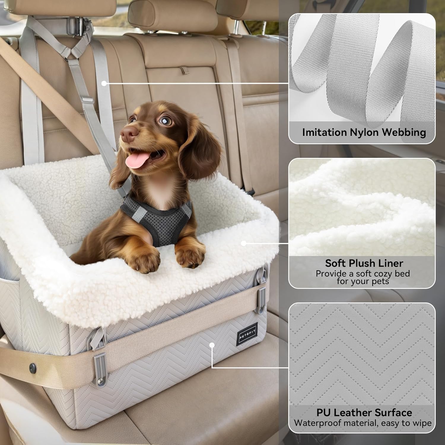 PETSFIT Small Dog Car Seat, Waterproof PU Leather Dog Booster Car Seat with Patented Safe Buckles, Pet Carseat for Medium or Small Sized Pets up to 30 lbs (Grey) - Pet Explorer
