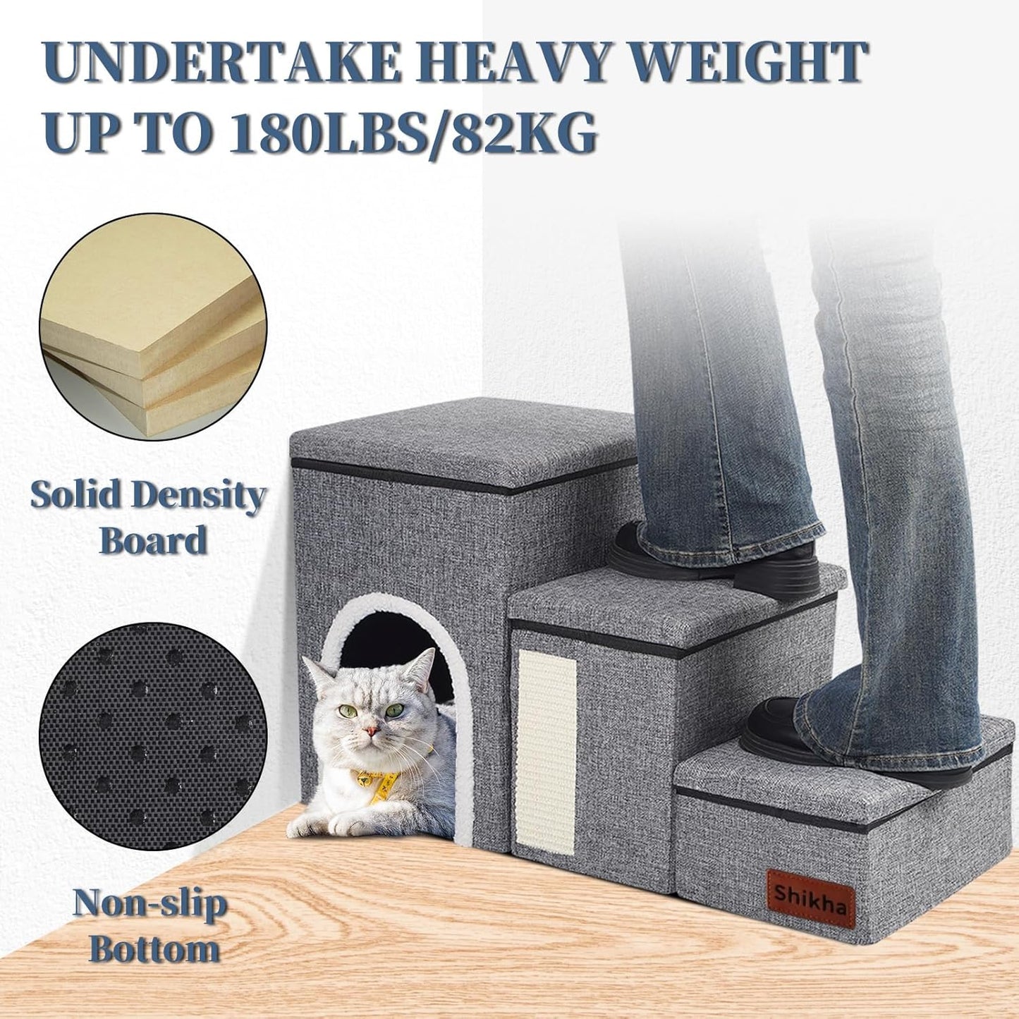 Dog Stairs for High Bed and Couch, 4 IN 1 Foldable Pet Stairs for Cats & Small and Medium Dogs, Adjustable Dog Steps with Pet Climbing Ladders/Cozy Condo/Storage Boxes/Cat Scratcher, Hold Up to 180LBS - Pet Explorer
