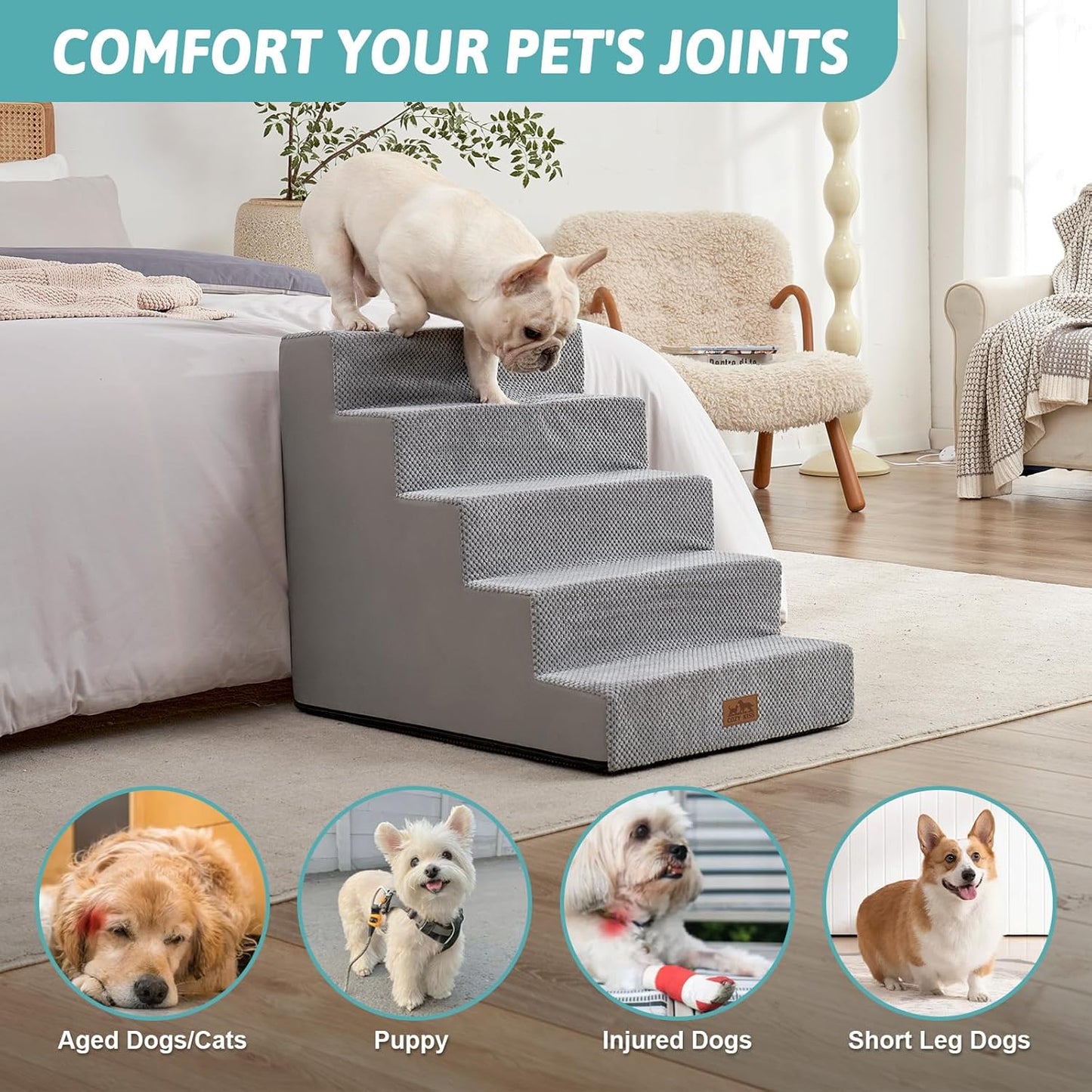 Dog Stairs for Small Dogs, 5 Tier Wider Pet Stairs for High Beds, 23.6" H Non-Slip Dog Steps for Old Cats, Puppies, Small Medium Dogs, 29.5x19.7x23.6 inch, Grey - Pet Explorer